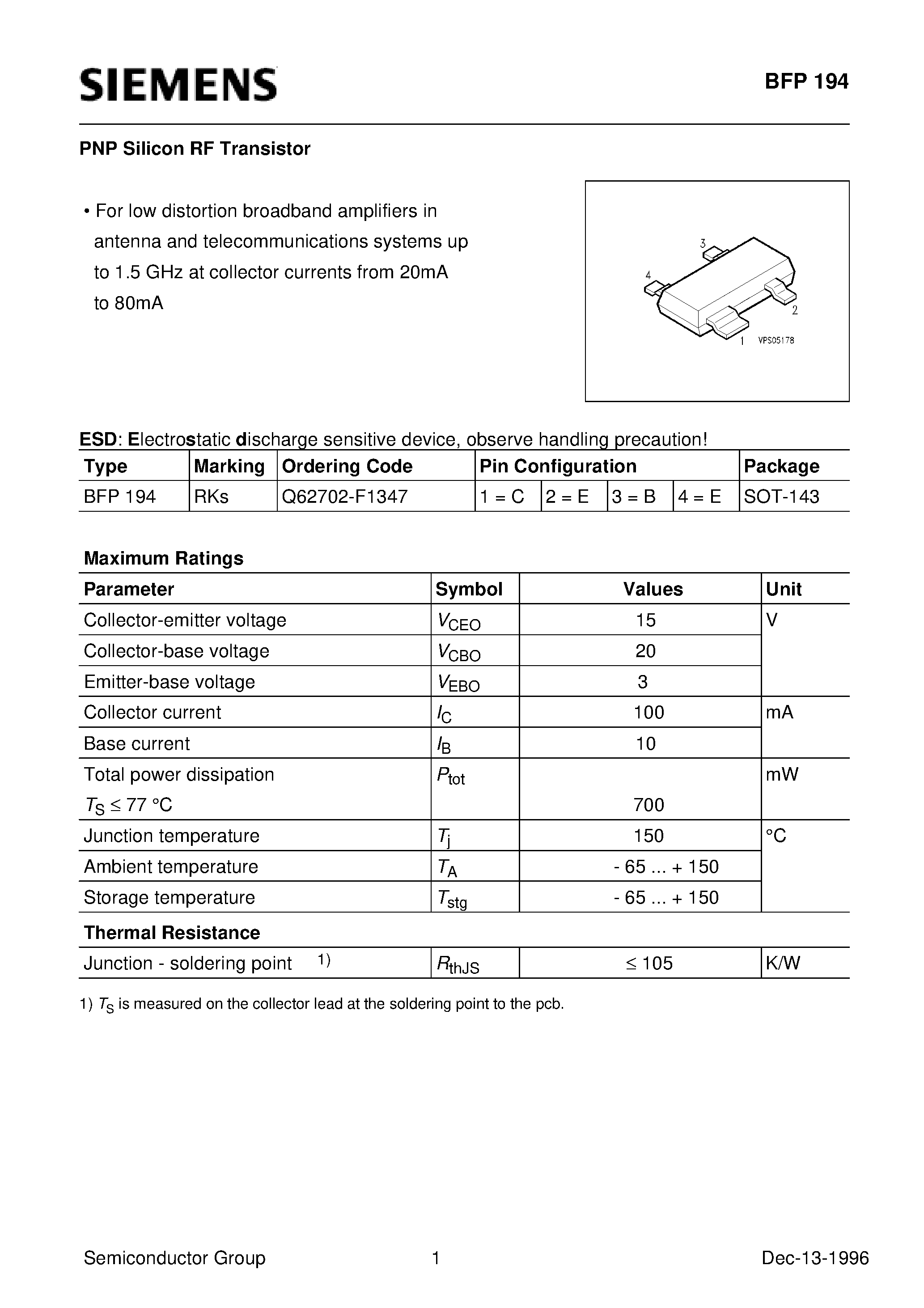 Datasheet BFP194 - PNP Silicon RF Transistor (For low distortion broadband amplifiers in antenna and telecommunications systems up to 1.5 GHz at collector currents) page 1
