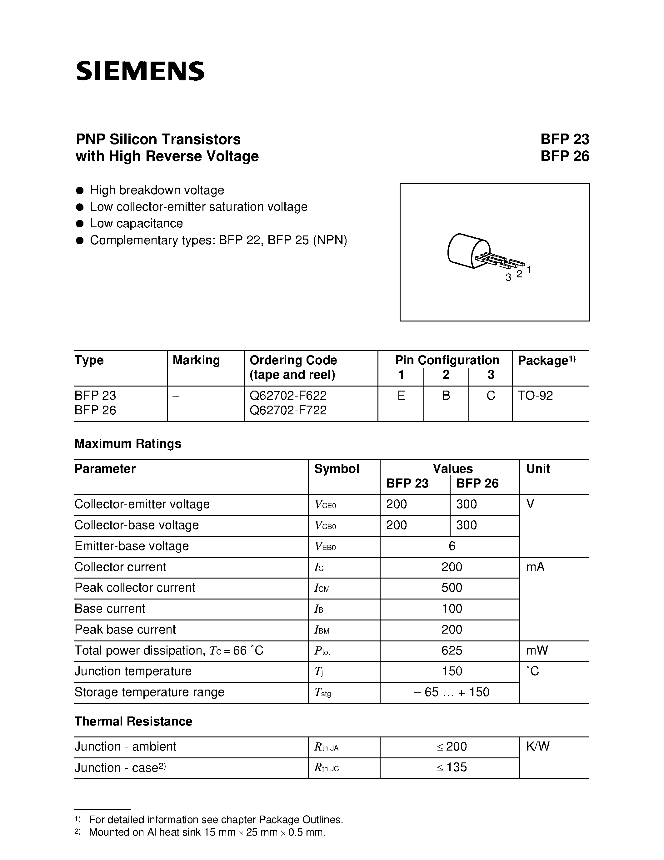 Даташит BFP23 - PNP Silicon Transistors (High breakdown voltage Low collector-emitter saturation voltage) страница 1