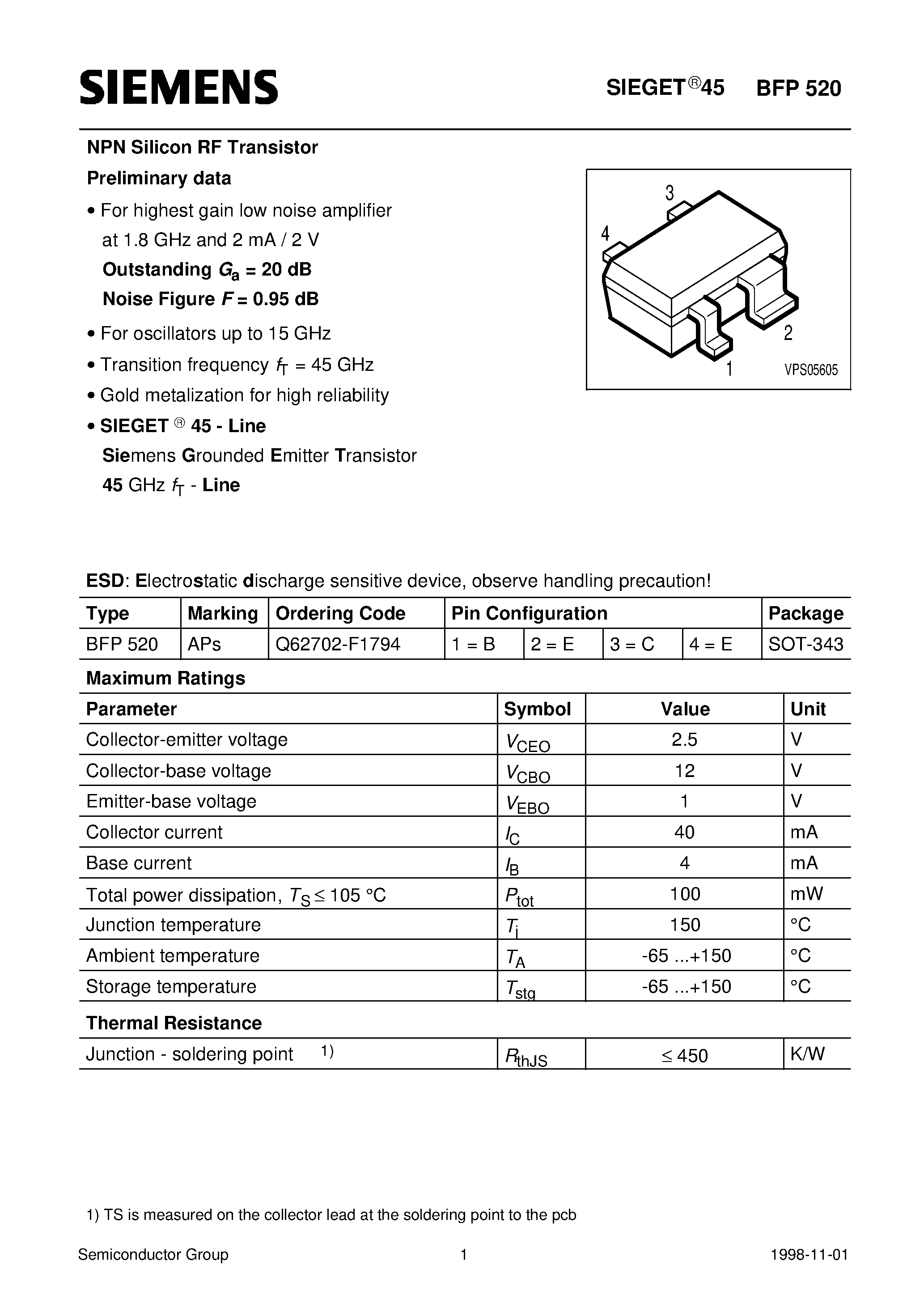 Datasheet BFP520 - NPN Silicon RF Transistor (For highest gain low noise amplifier at 1.8 GHz and 2 mA / 2 V) page 1