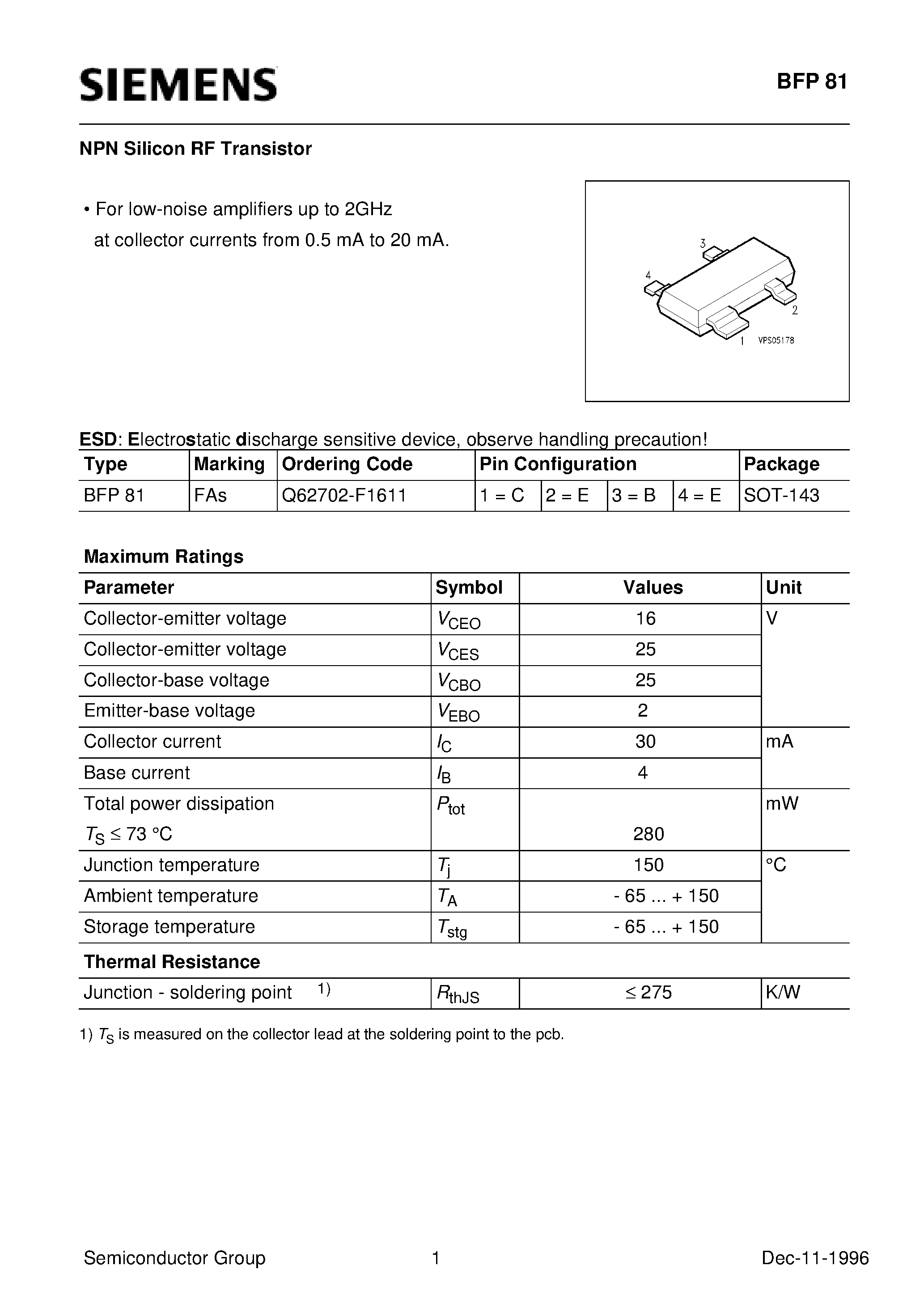 Datasheet BFP81 - NPN Silicon RF Transistor (For low-noise amplifiers up to 2GHz at collector currents from 0.5 mA to 20 mA.) page 1