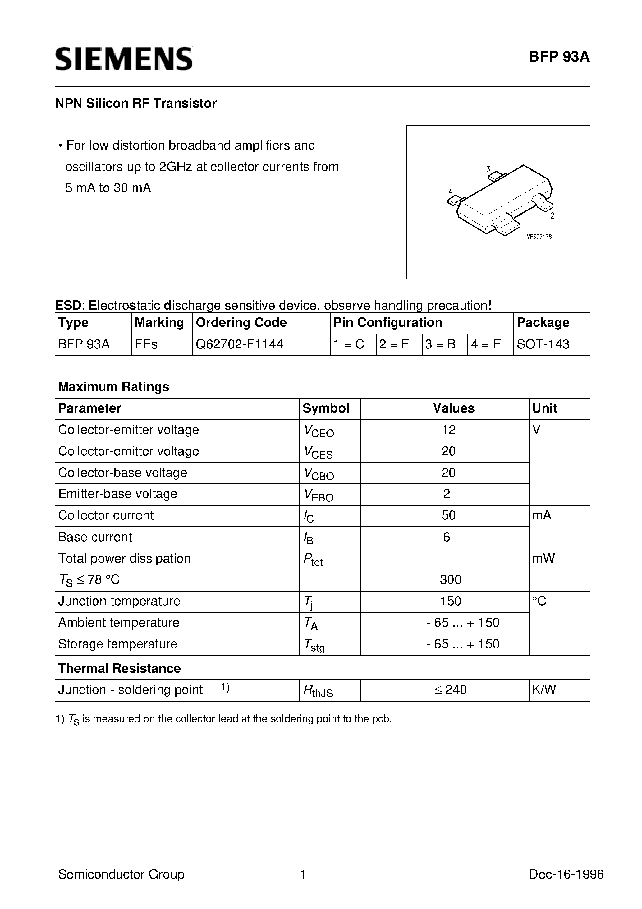 Datasheet BFP93A - NPN Silicon RF Transistor (For low distortion broadband amplifiers and oscillators up to 2GHz at collector currents from 5 mA to 30 mA) page 1