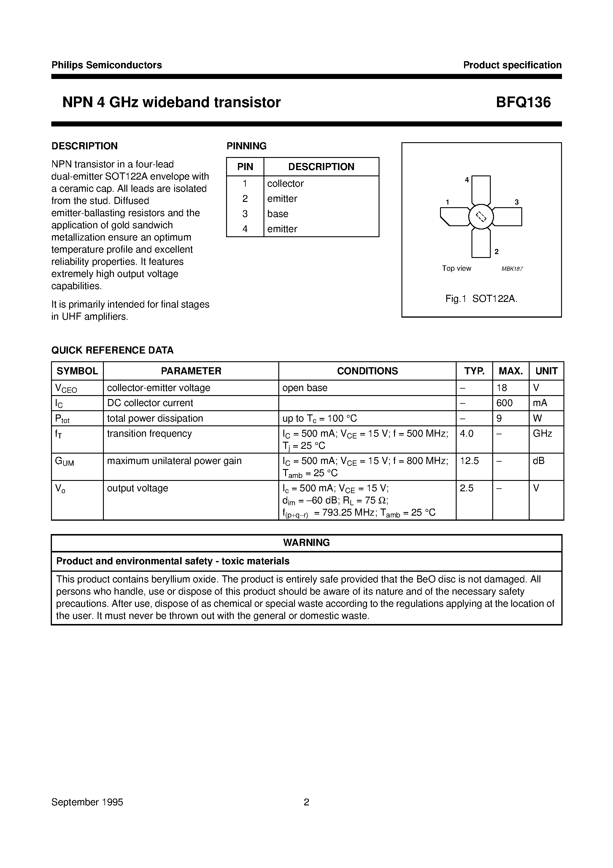 Datasheet BFQ136 - NPN 4 GHz wideband transistor page 2