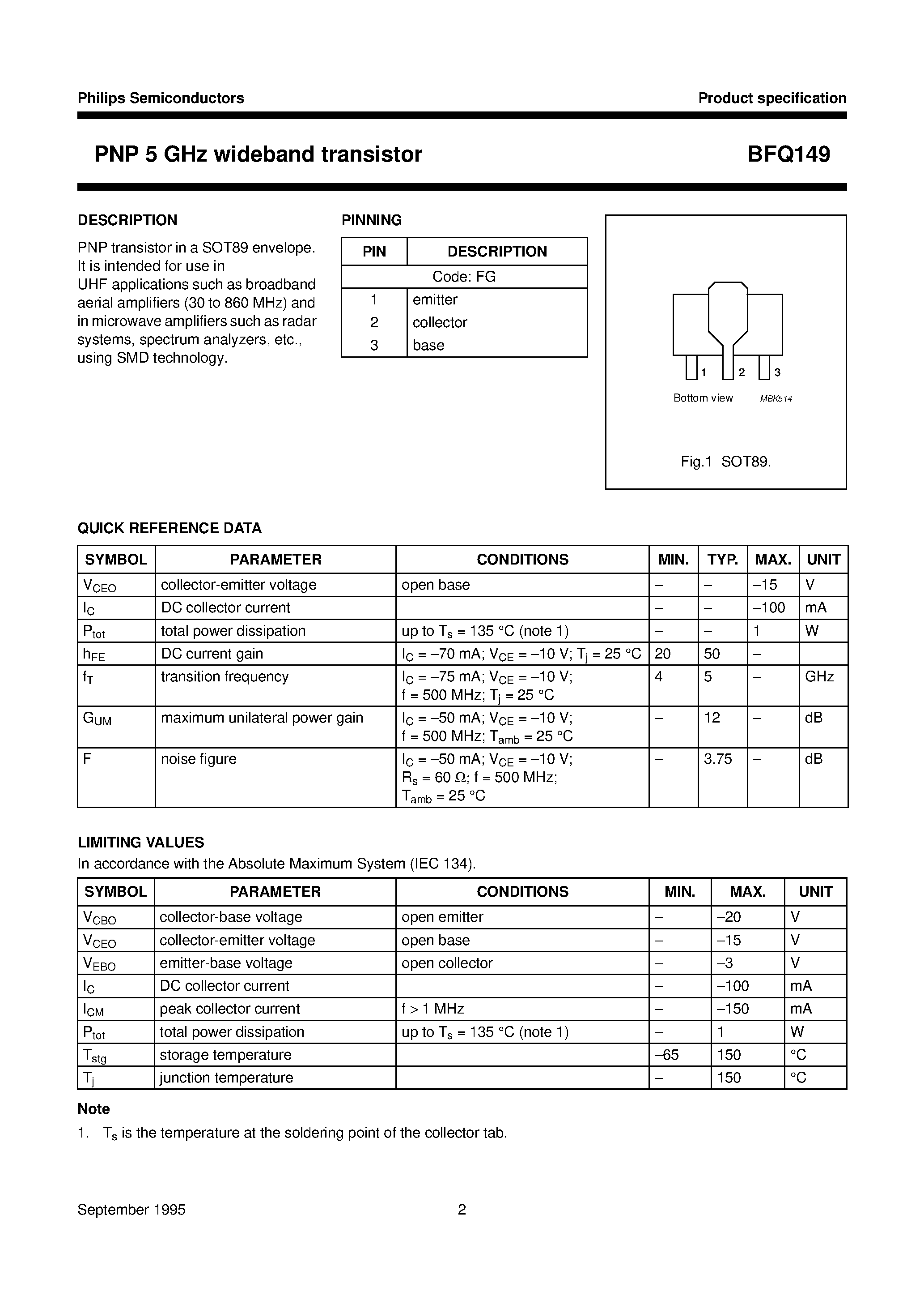 Datasheet BFQ149 - PNP 5 GHz wideband transistor page 2