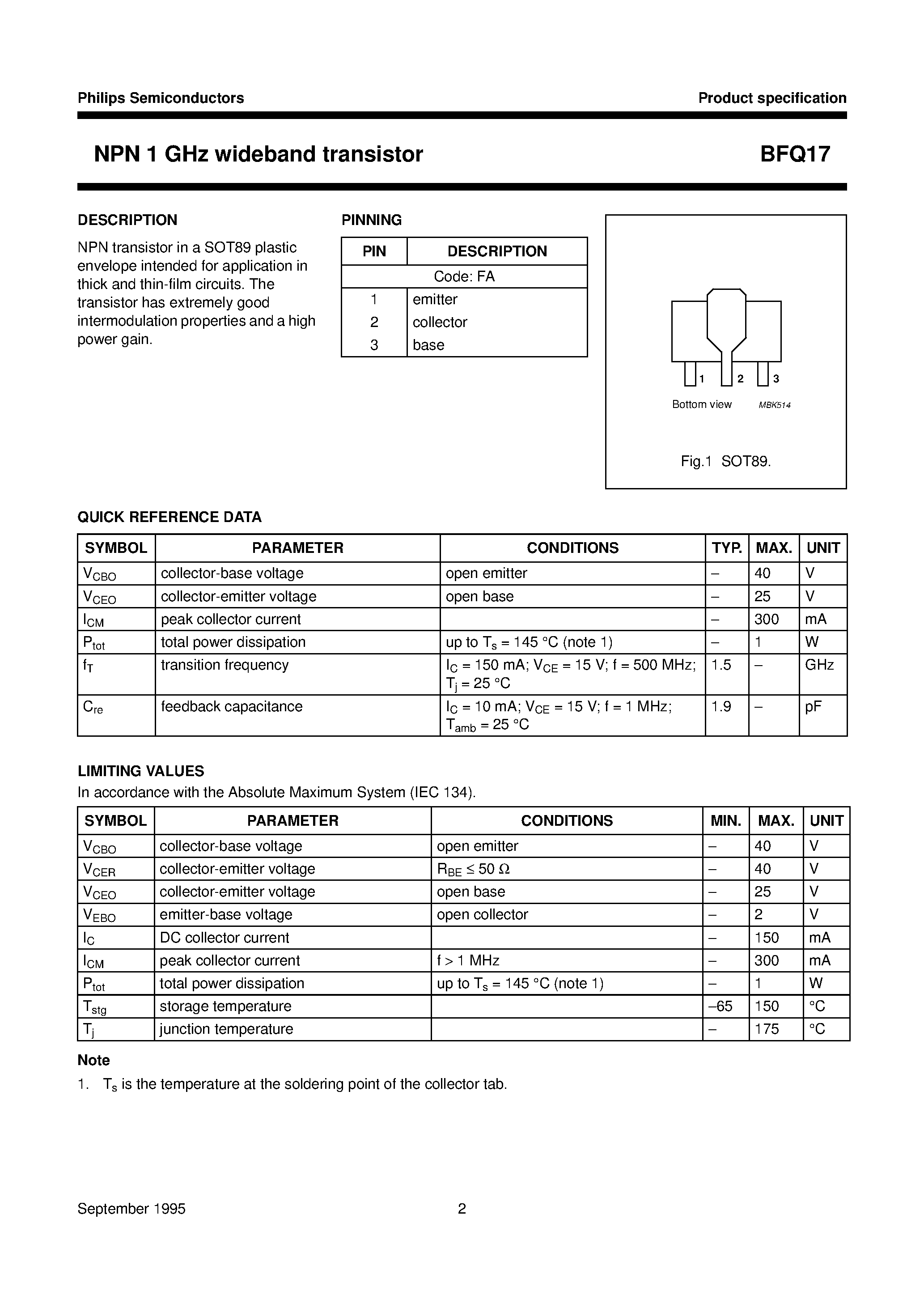 Даташит на микросхему BFQ17 страница 2 Даташит BFQ17 - NPN 1 GHz wideband transistor страница 2