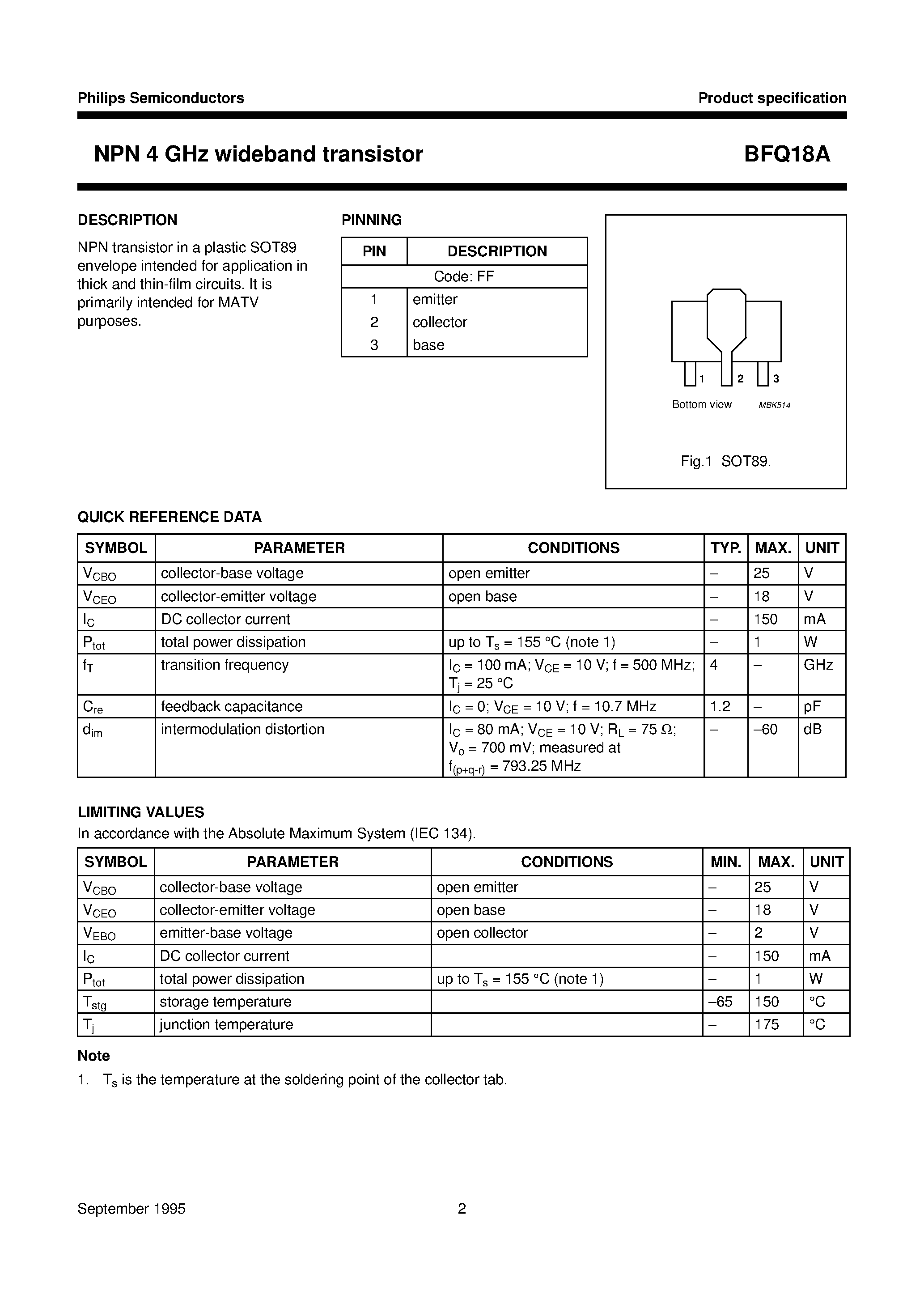Datasheet BFQ18A - NPN 4 GHz wideband transistor page 2