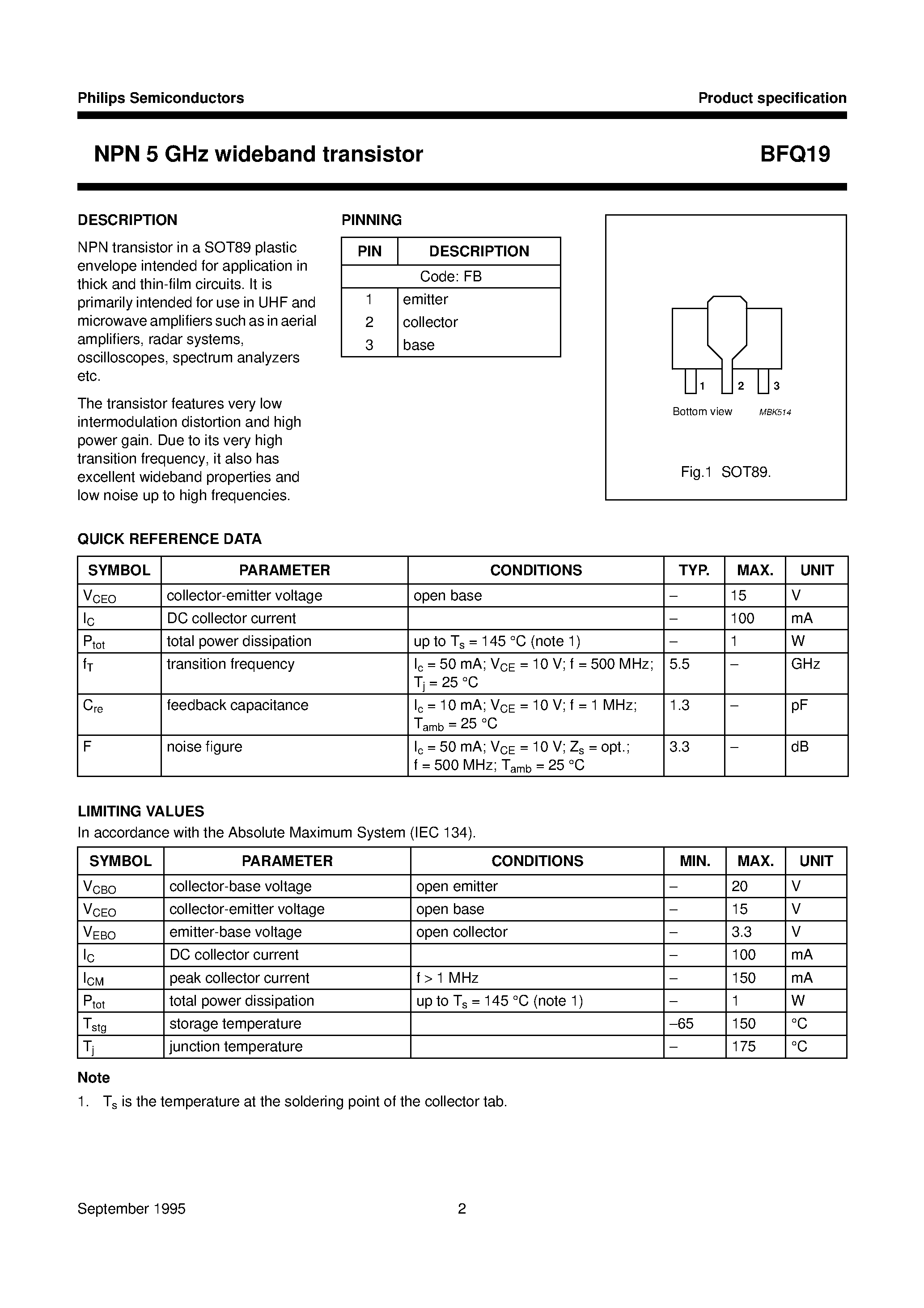 Datasheet BFQ19 - NPN 5 GHz wideband transistor page 2