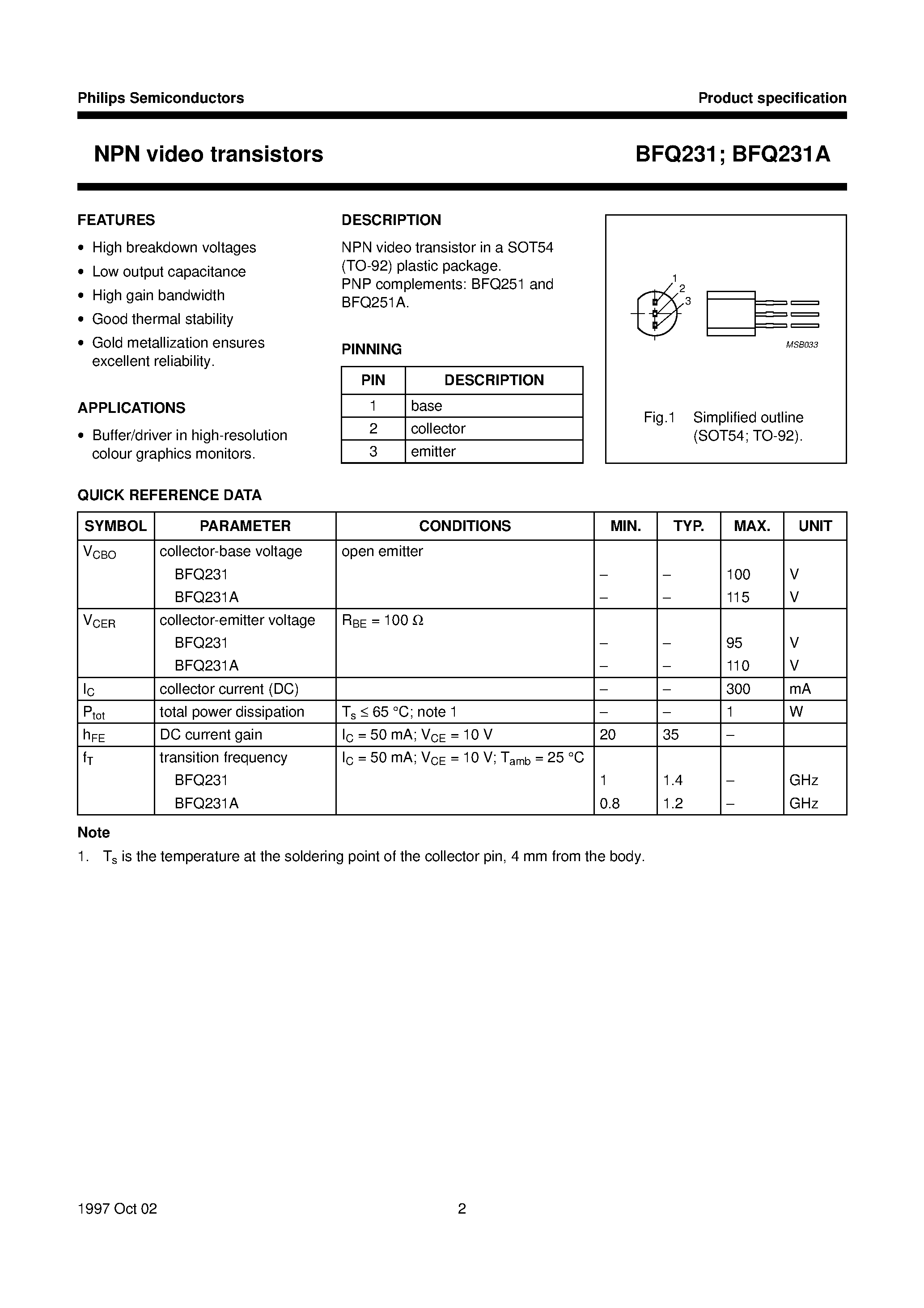 Даташит BFQ231 - NPN video transistors страница 2