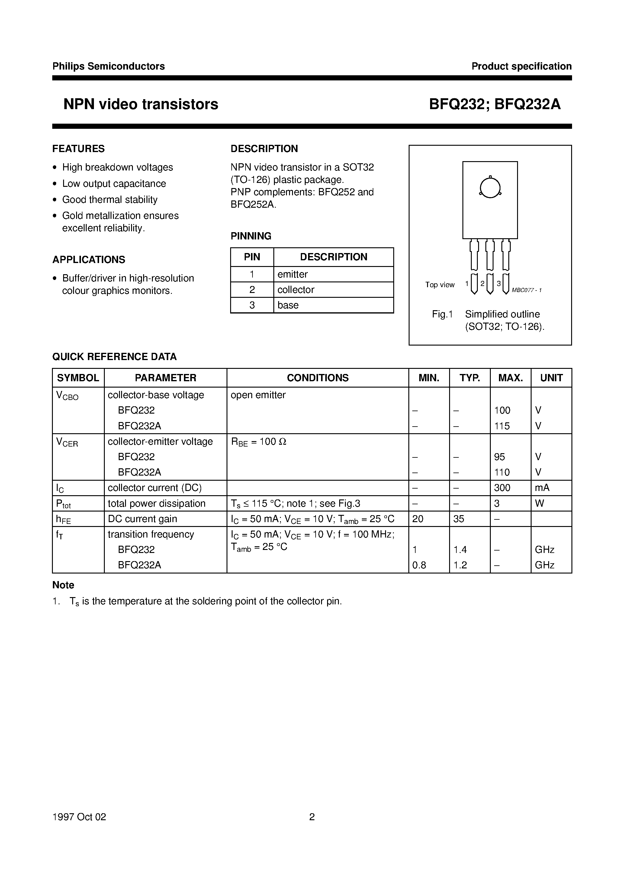 Даташит BFQ232 - NPN video transistors страница 2