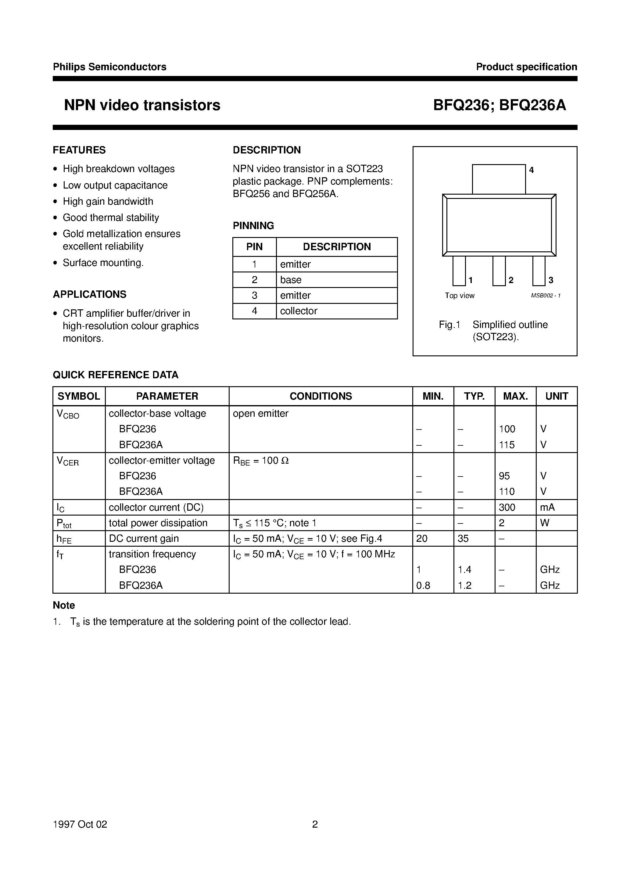 Даташит BFQ236A - NPN video transistors страница 2