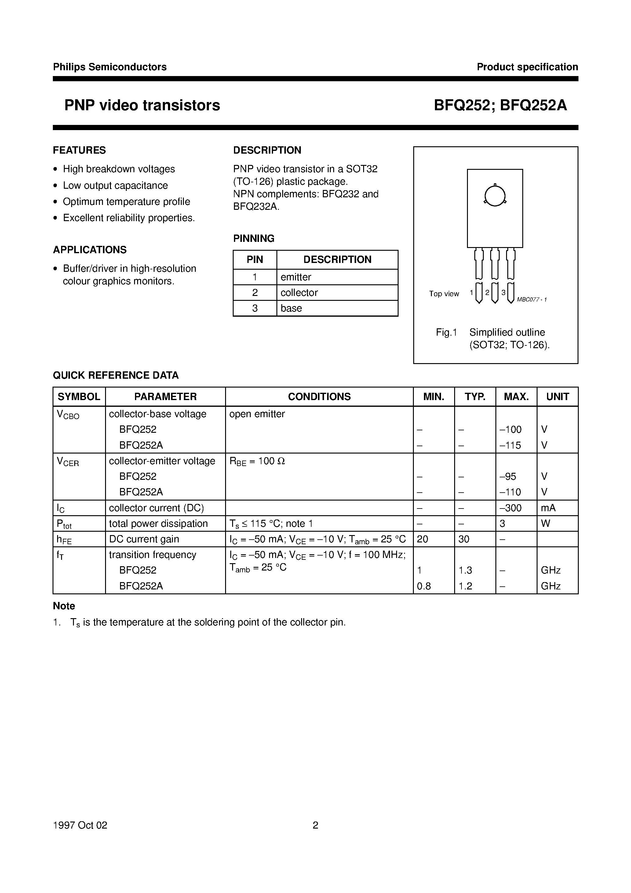 Даташит BFQ252 - PNP video transistors страница 2