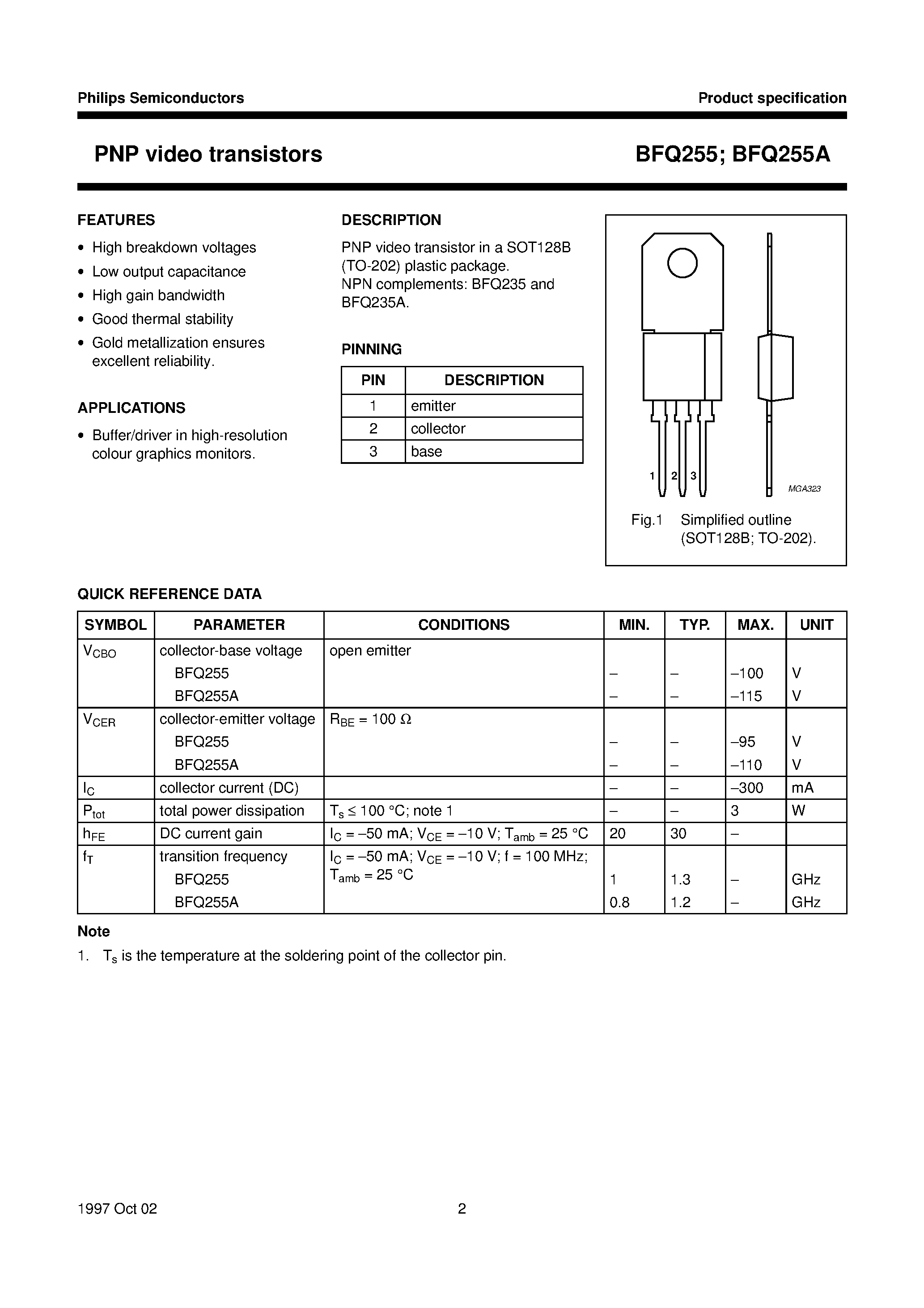 Даташит BFQ255 - PNP video transistors страница 2