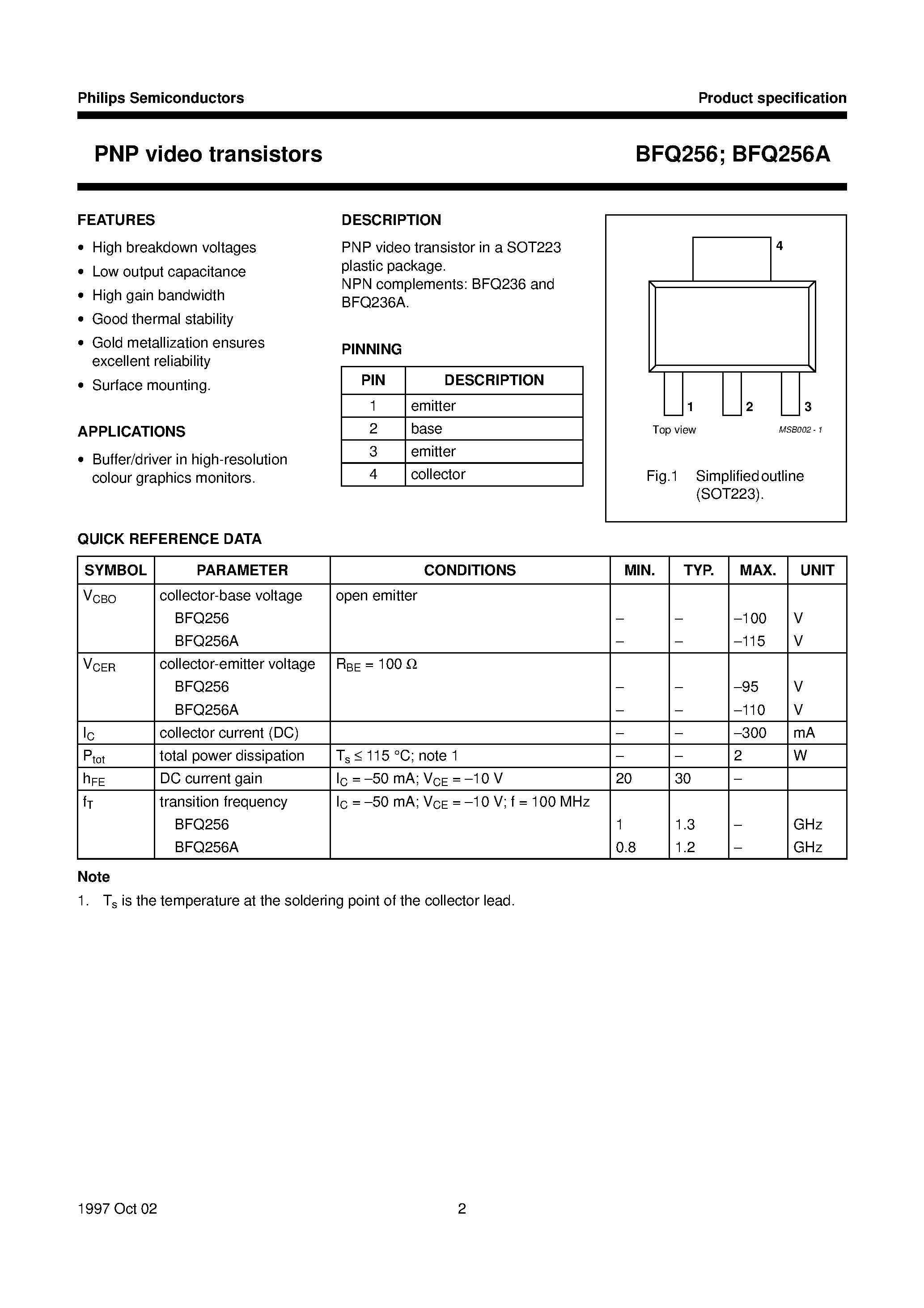 Даташит BFQ256 - PNP video transistors страница 2