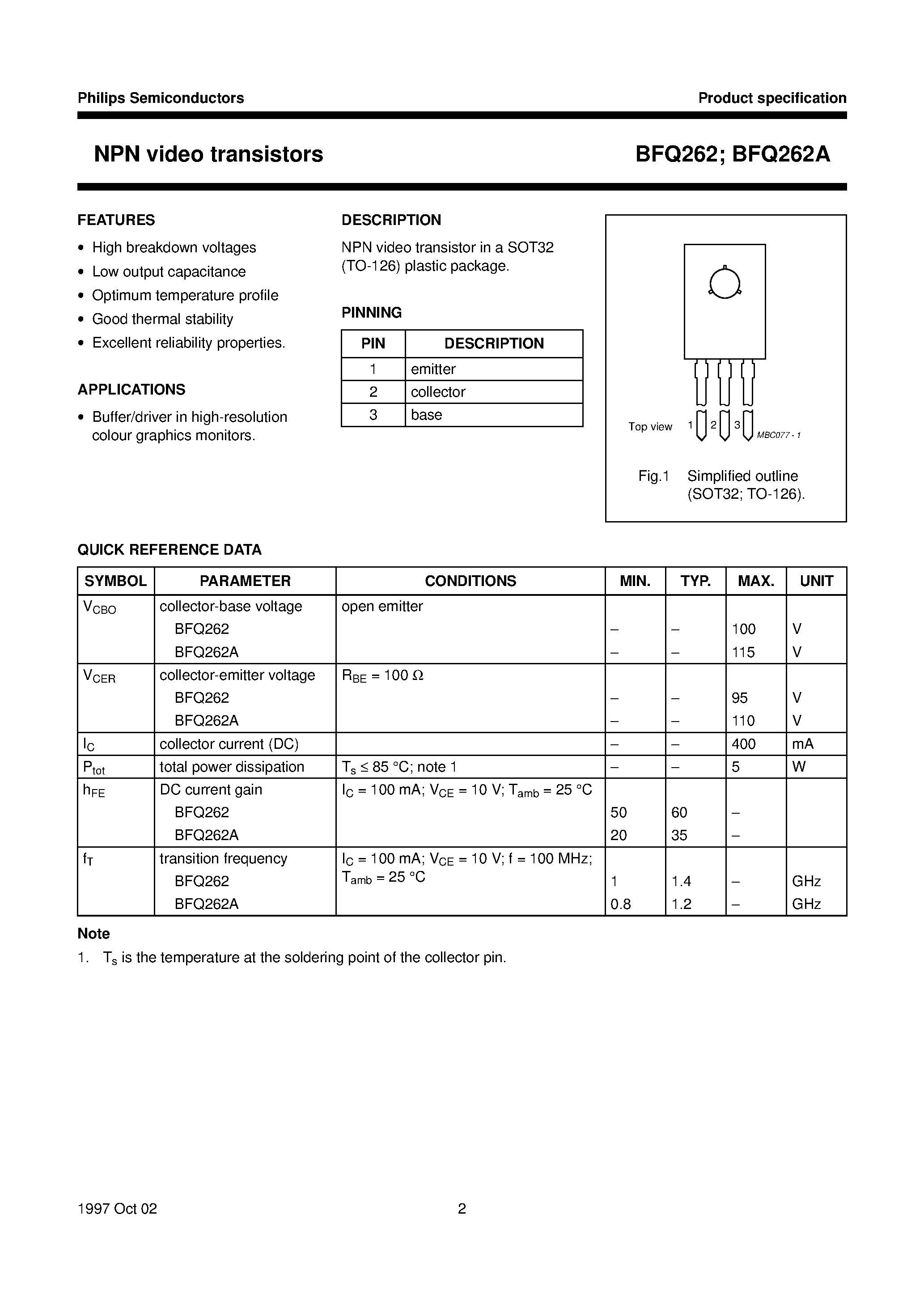 Даташит BFQ262A - NPN video transistors страница 2