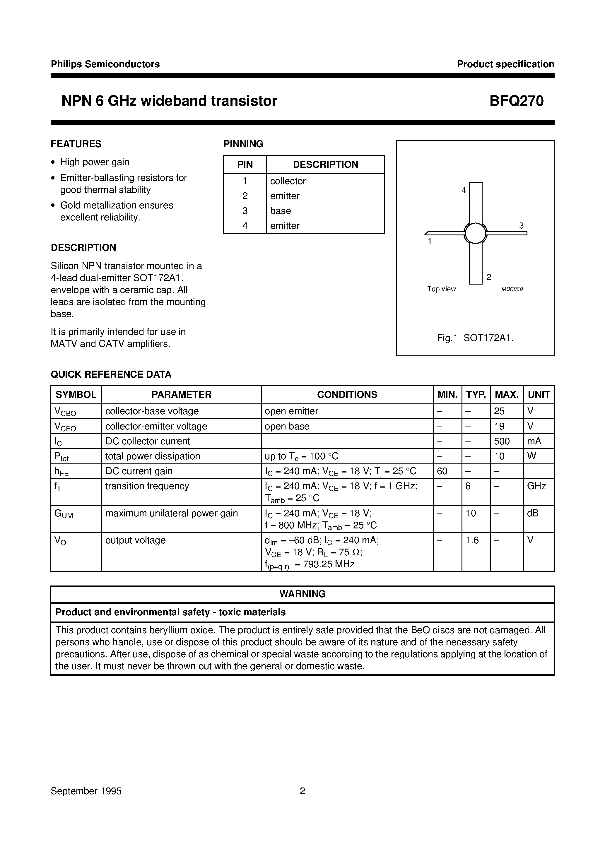 Datasheet BFQ270 - NPN 6 GHz wideband transistor page 2