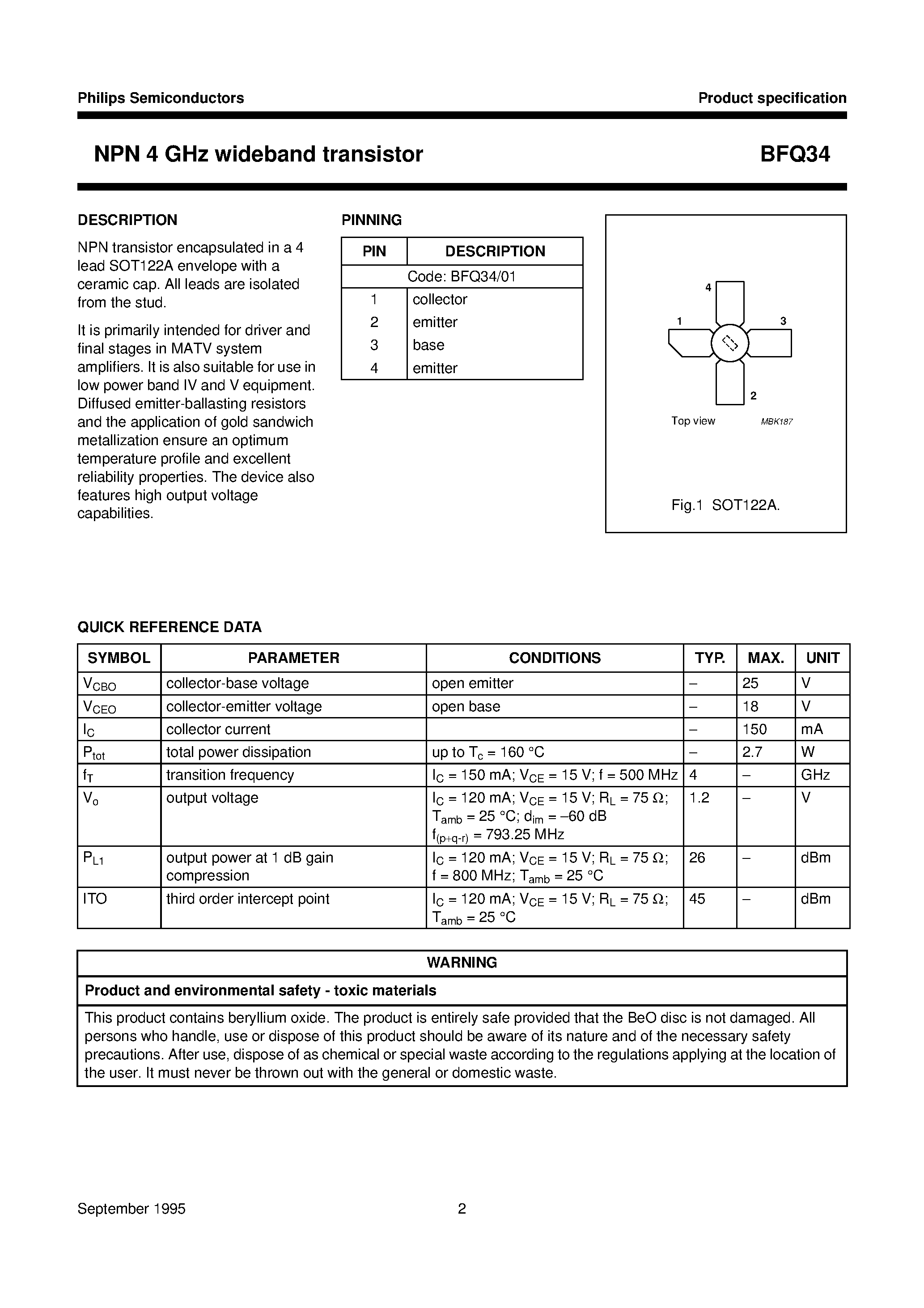 Datasheet BFQ34 - NPN 4 GHz wideband transistor page 2