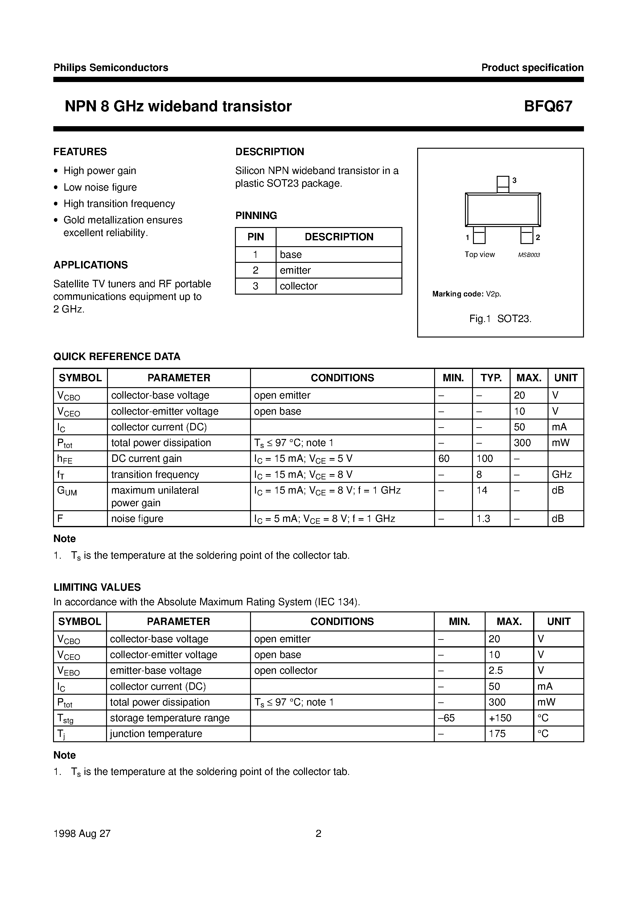 Даташит на микросхему BFQ67 страница 2 Даташит BFQ67 - NPN 8 GHz wideband transistor страница 2