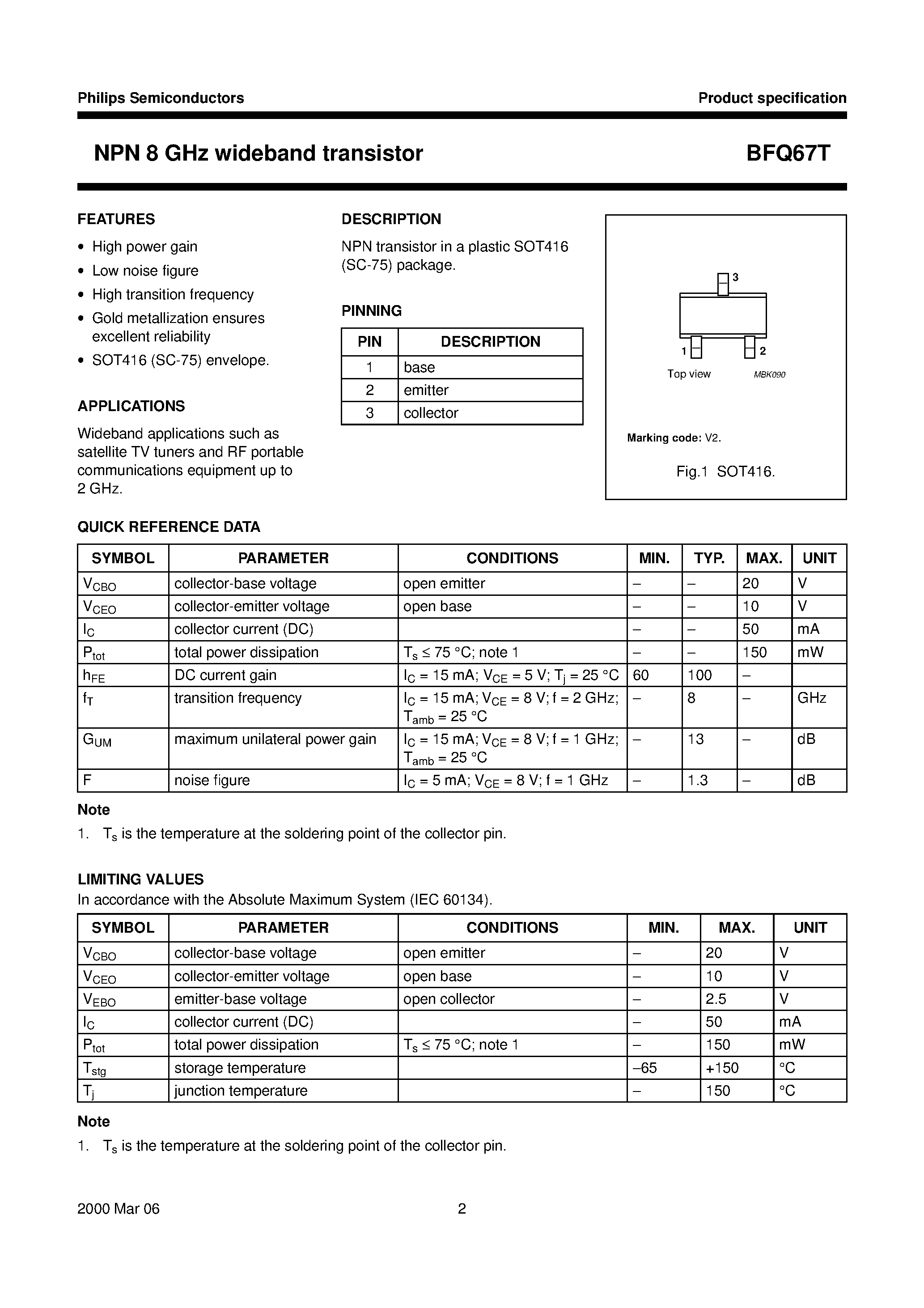 Даташит на микросхему BFQ67T страница 2 Даташит BFQ67T - NPN 8 GHz wideband transistor страница 2
