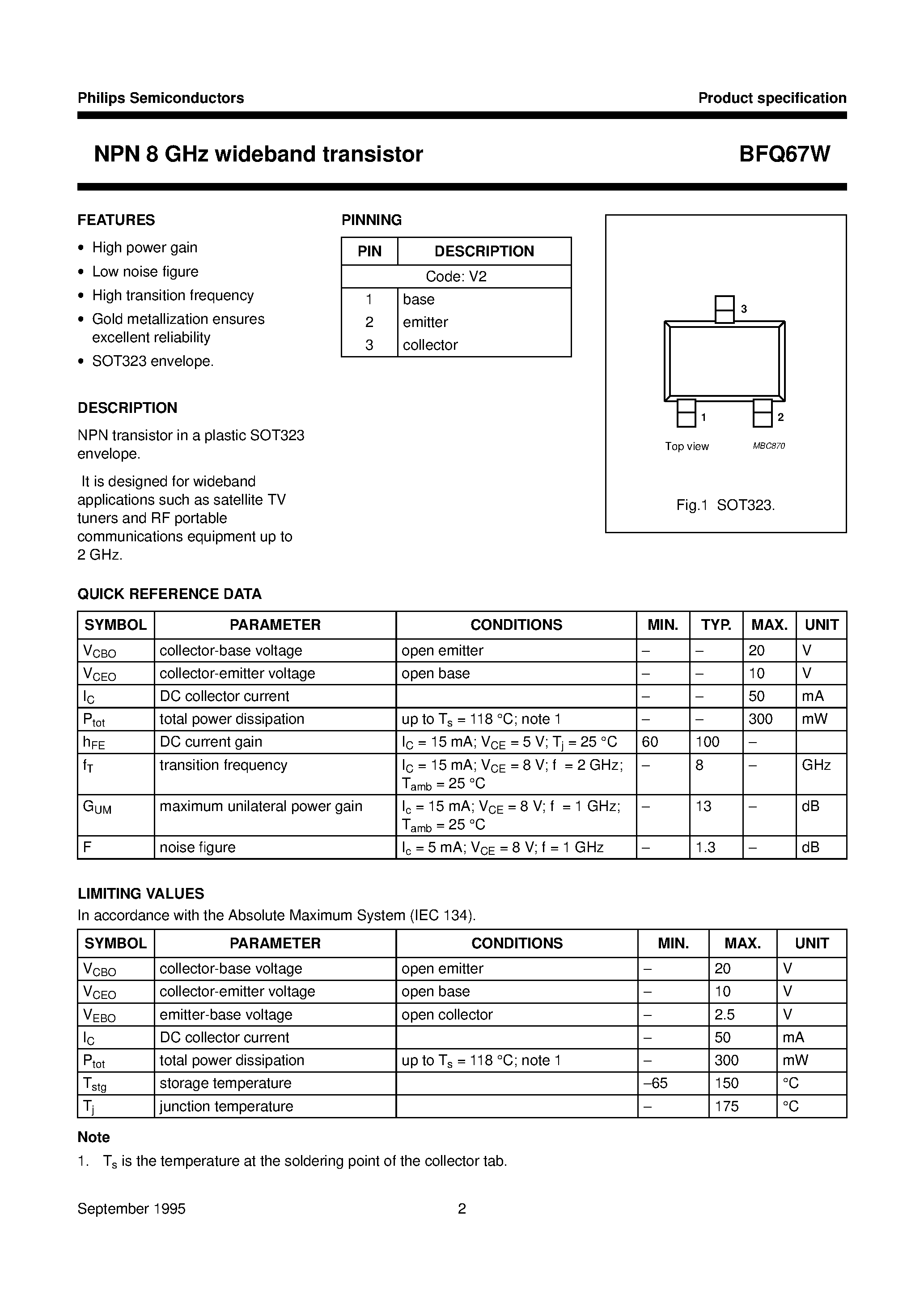 Даташит на микросхему BFQ67W страница 2 Даташит BFQ67W - NPN 8 GHz wideband transistor страница 2