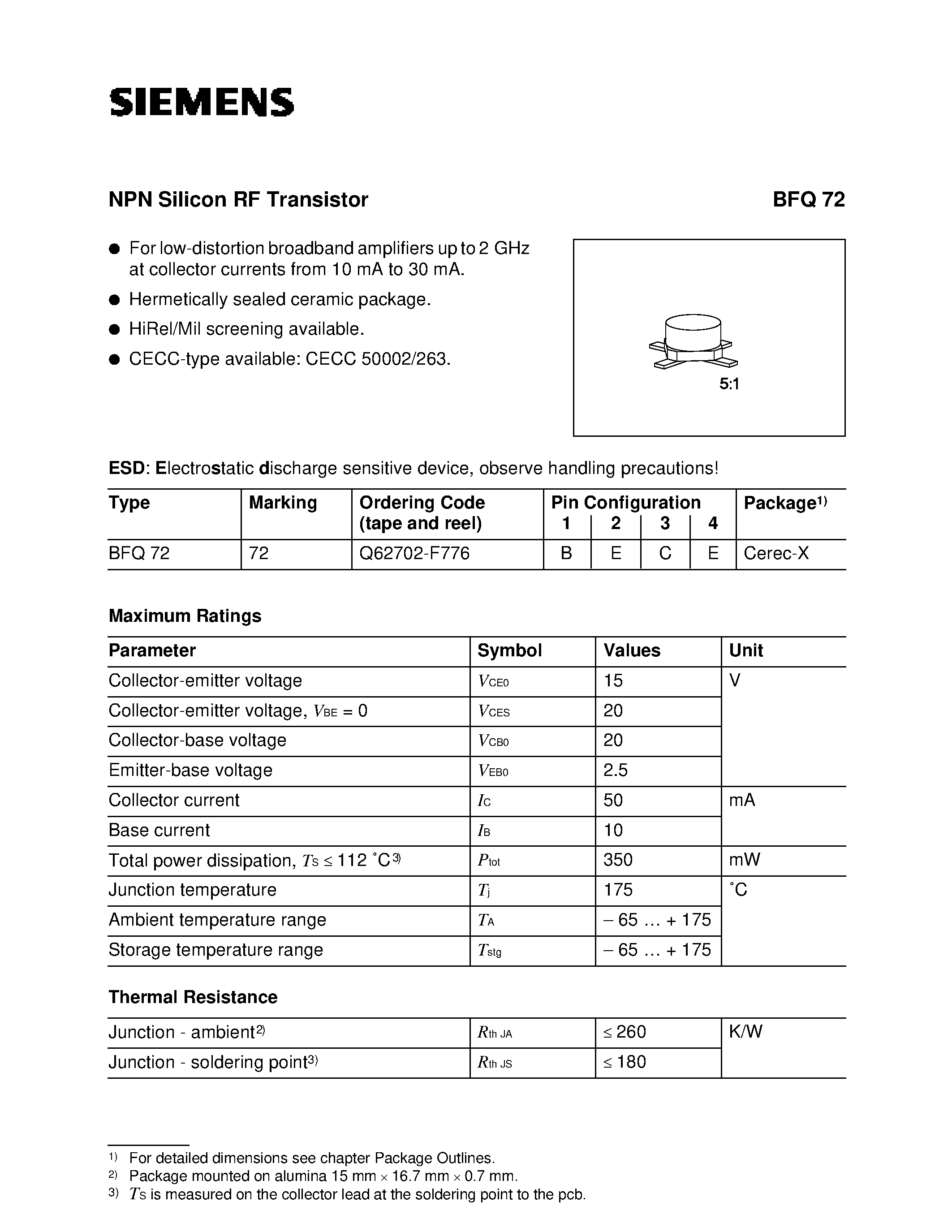 Даташит BFQ72 - NPN Silicon RF Transistor (For low-distortion broadband amplifiers up to 2 GHz at collector currents from 10 mA to 30 mA.) страница 1