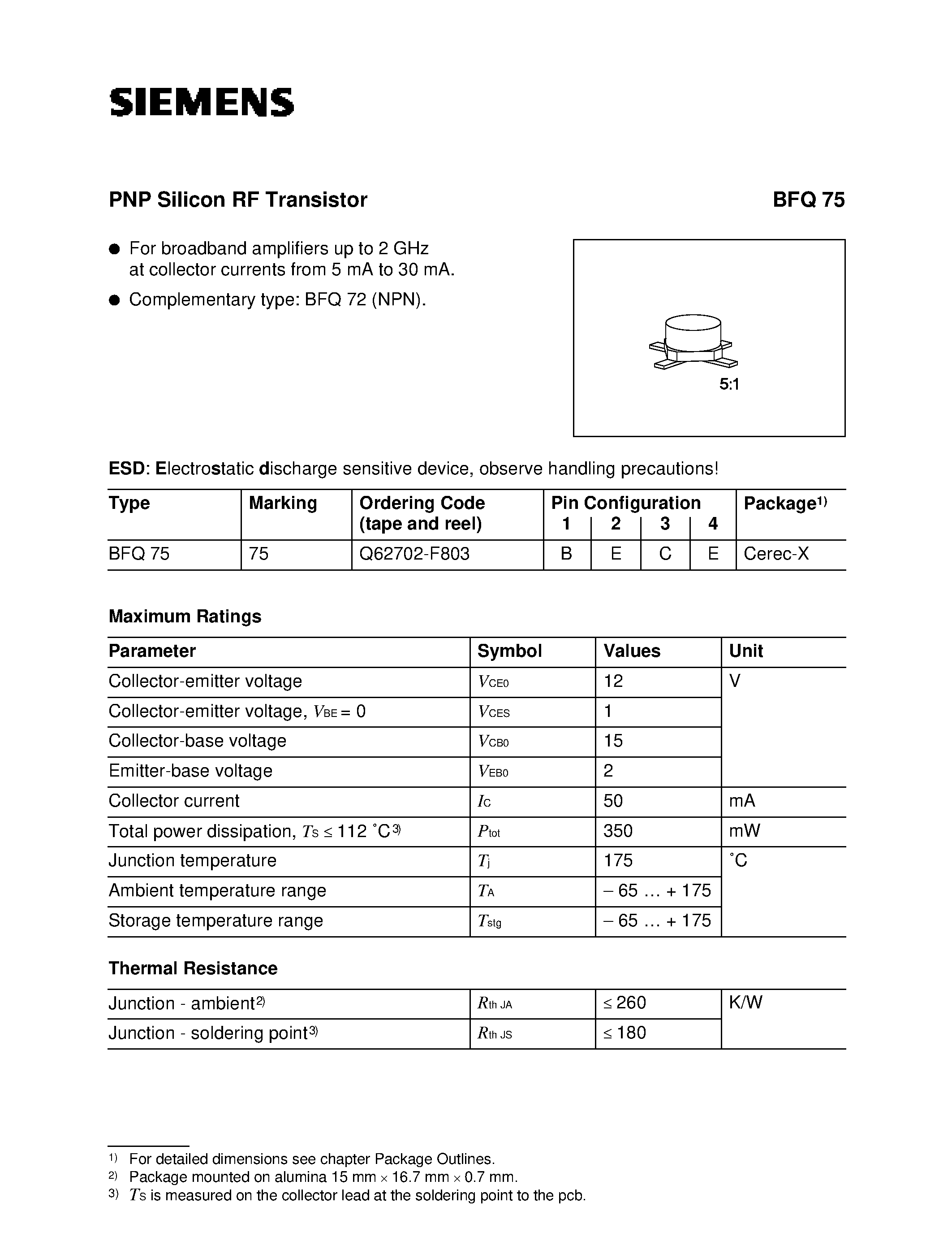 Datasheet BFQ75 - PNP Silicon RF Transistor (For broadband amplifiers up to 2 GHz at collector currents from 5 mA to 30 mA.) page 1