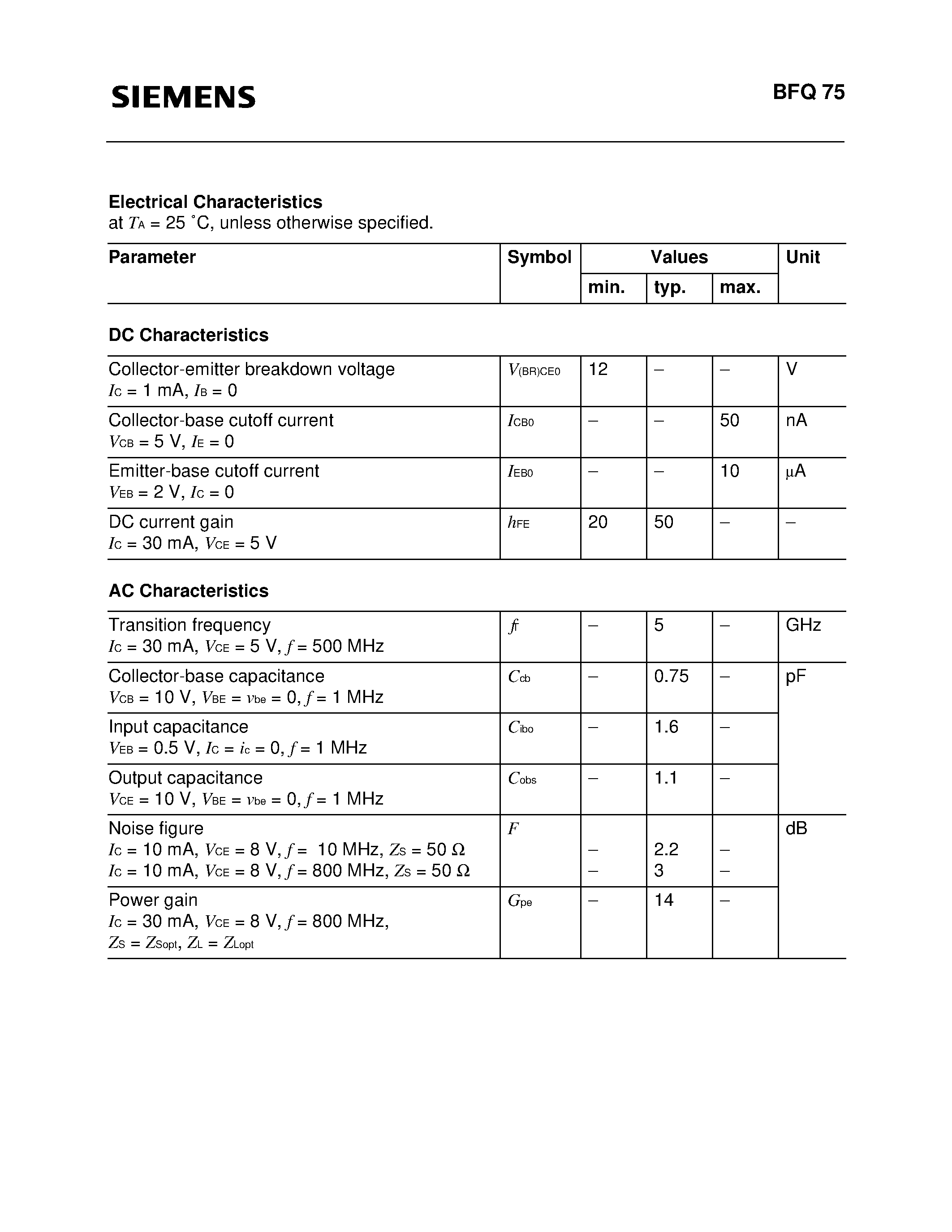 Datasheet BFQ75 - PNP Silicon RF Transistor (For broadband amplifiers up to 2 GHz at collector currents from 5 mA to 30 mA.) page 2