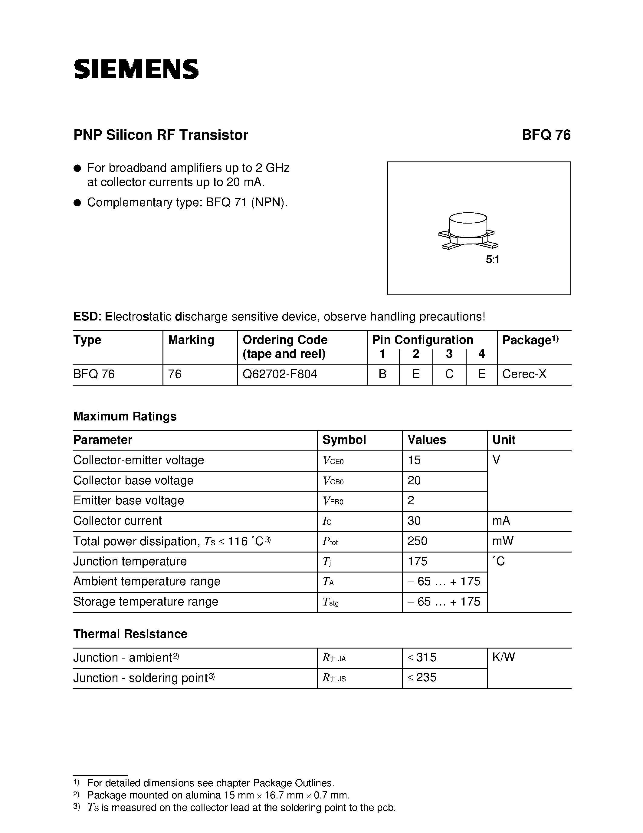Даташит BFQ76 - PNP Silicon RF Transistor (For broadband amplifiers up to 2 GHz at collector currents up to 20 mA.) страница 1