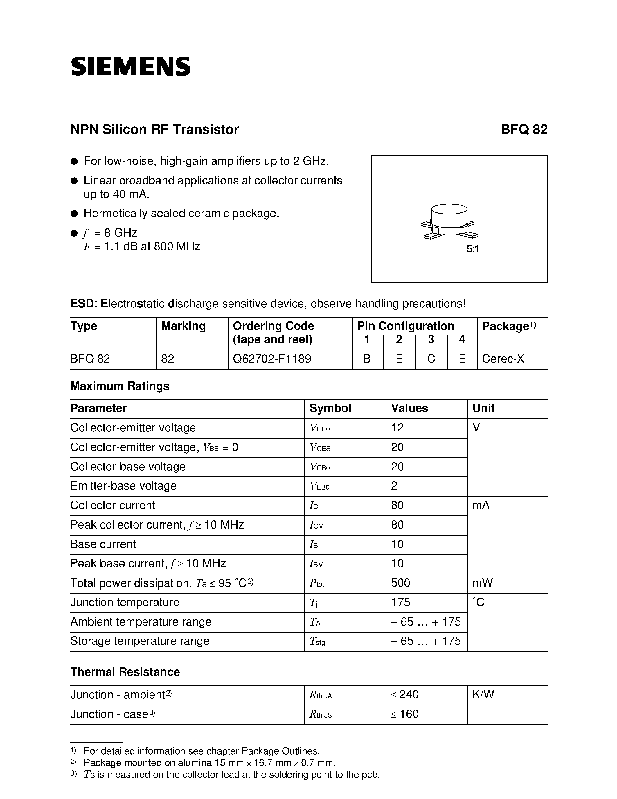 Даташит BFQ82 - NPN Silicon RF Transistor (For low-noise/ high-gain amplifiers up to 2 GHz. Linear broadband applications at collector currents up to 40 mA.) страница 1