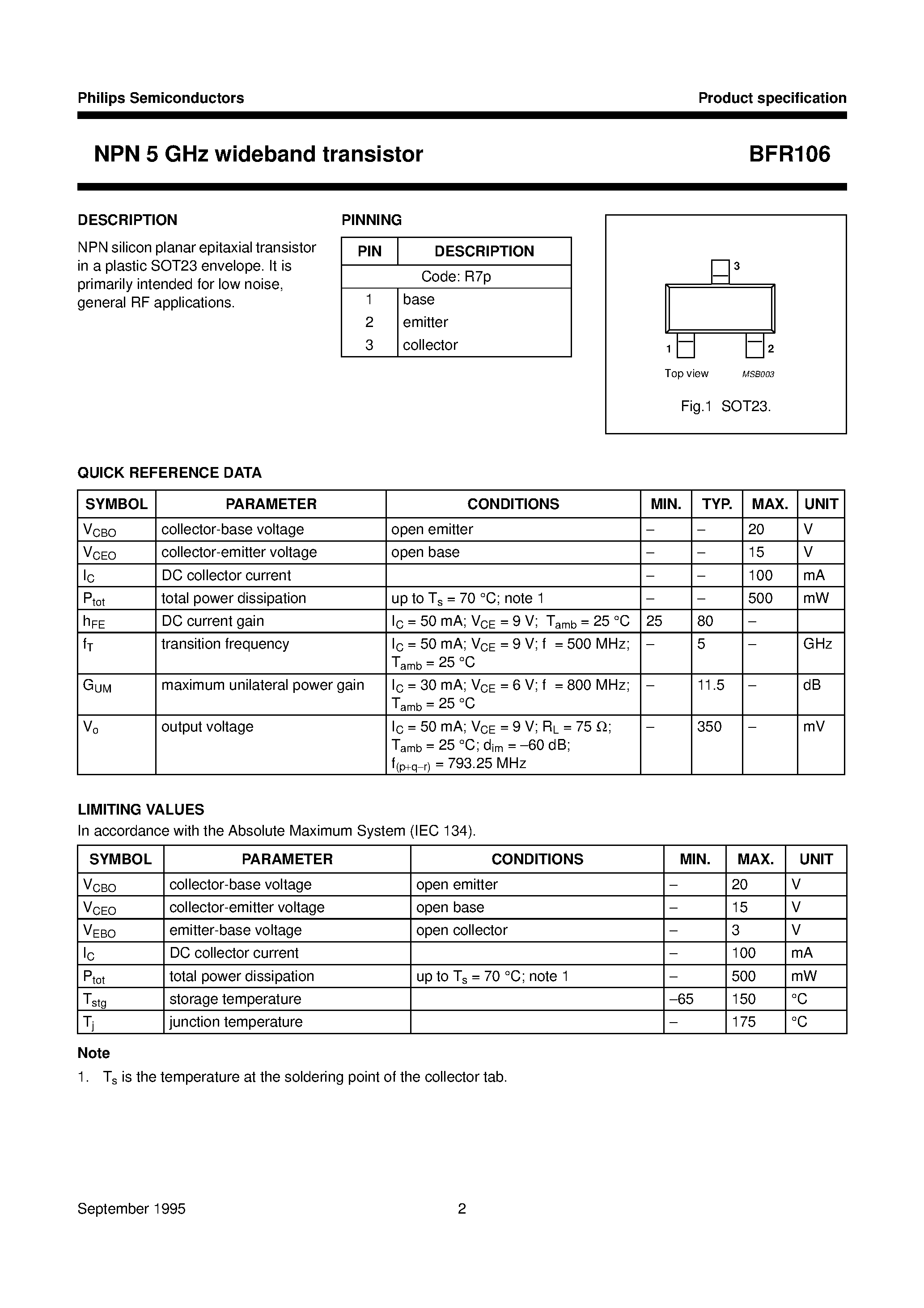 Datasheet BFR106 - NPN 5 GHz wideband transistor page 2