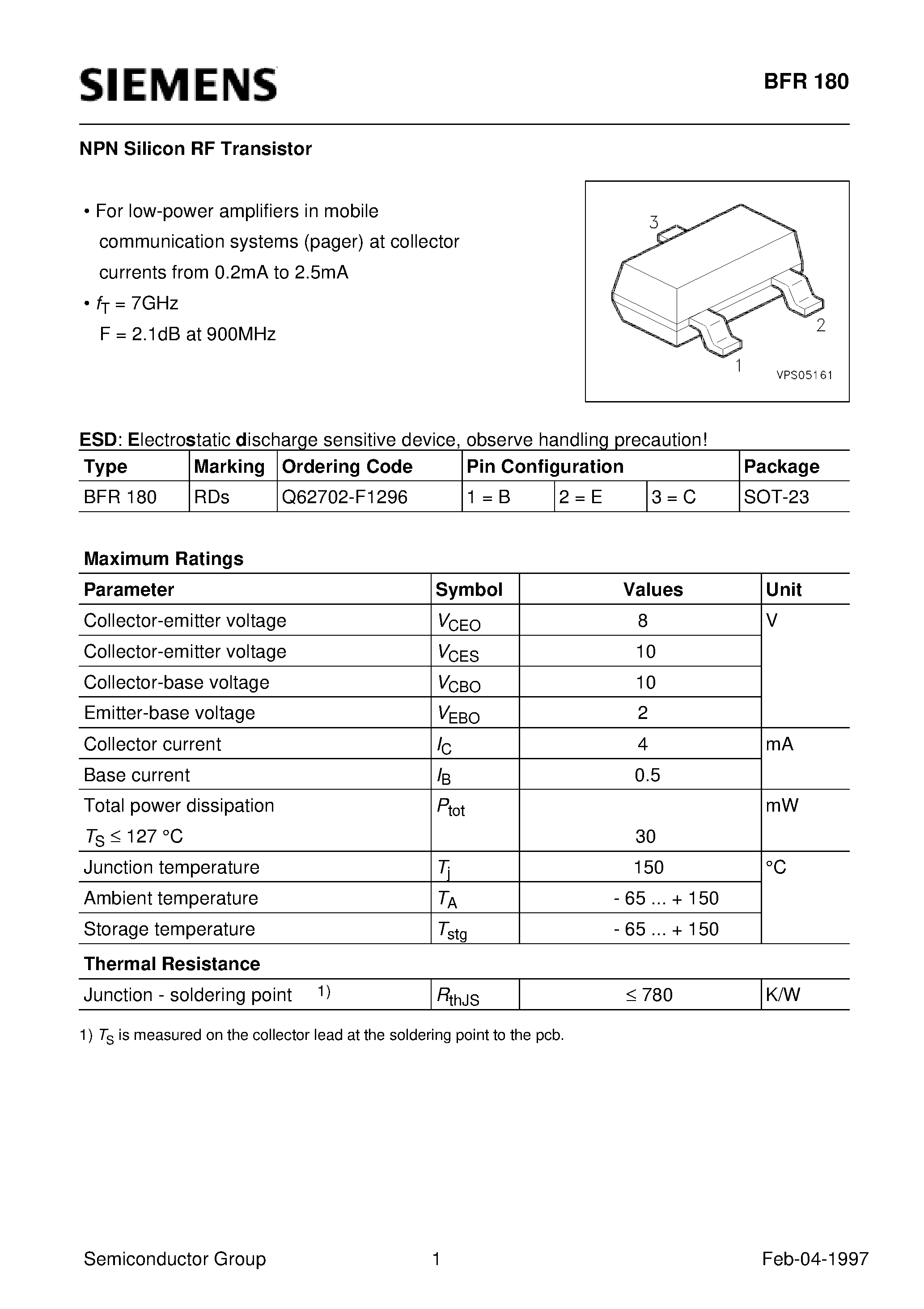 Datasheet BFR180 - NPN Silicon RF Transistor (For low-power amplifiers in mobile communication systems pager at collector currents from 0.2mA to 2.5mA) page 1