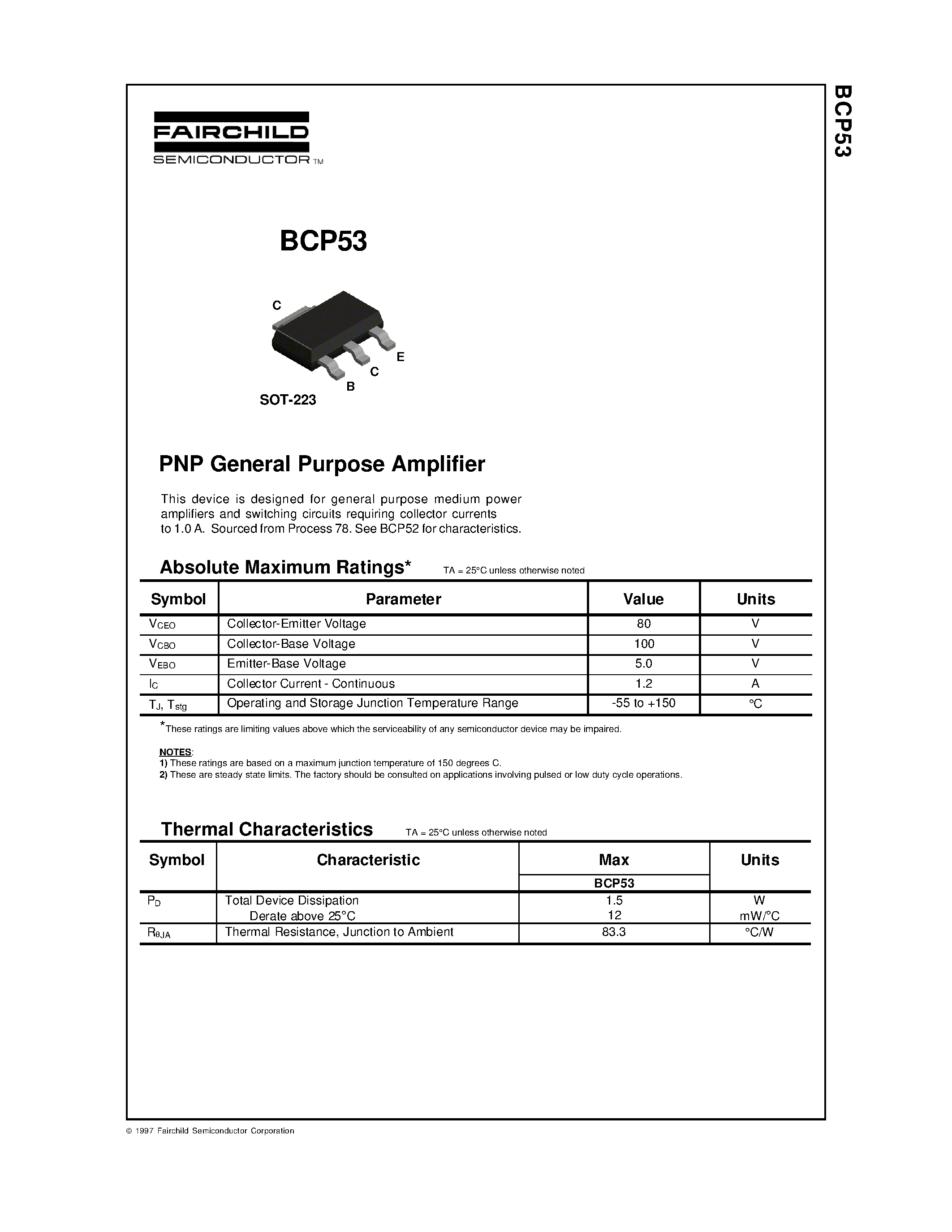 Datasheet BCP53 - PNP General Purpose Amplifier page 1