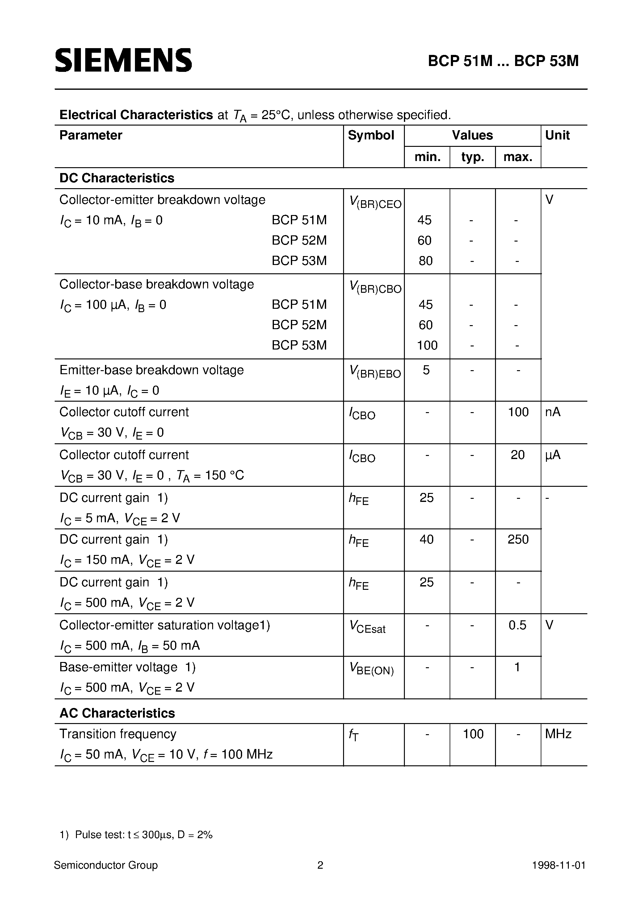 Даташит BCP53M - PNP Silicon AF Transistor (For AF driver and output stages High collector current) страница 2