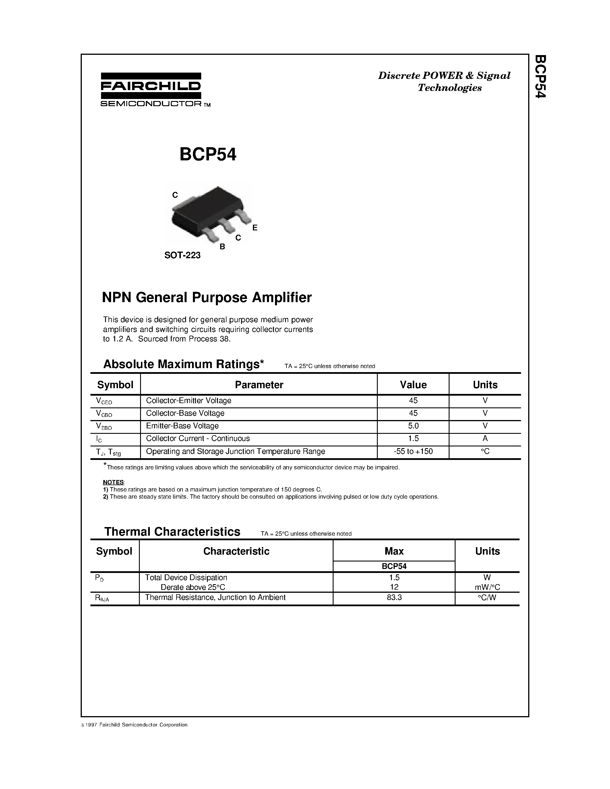 Даташит BCP54 - NPN General Purpose Amplifier страница 1