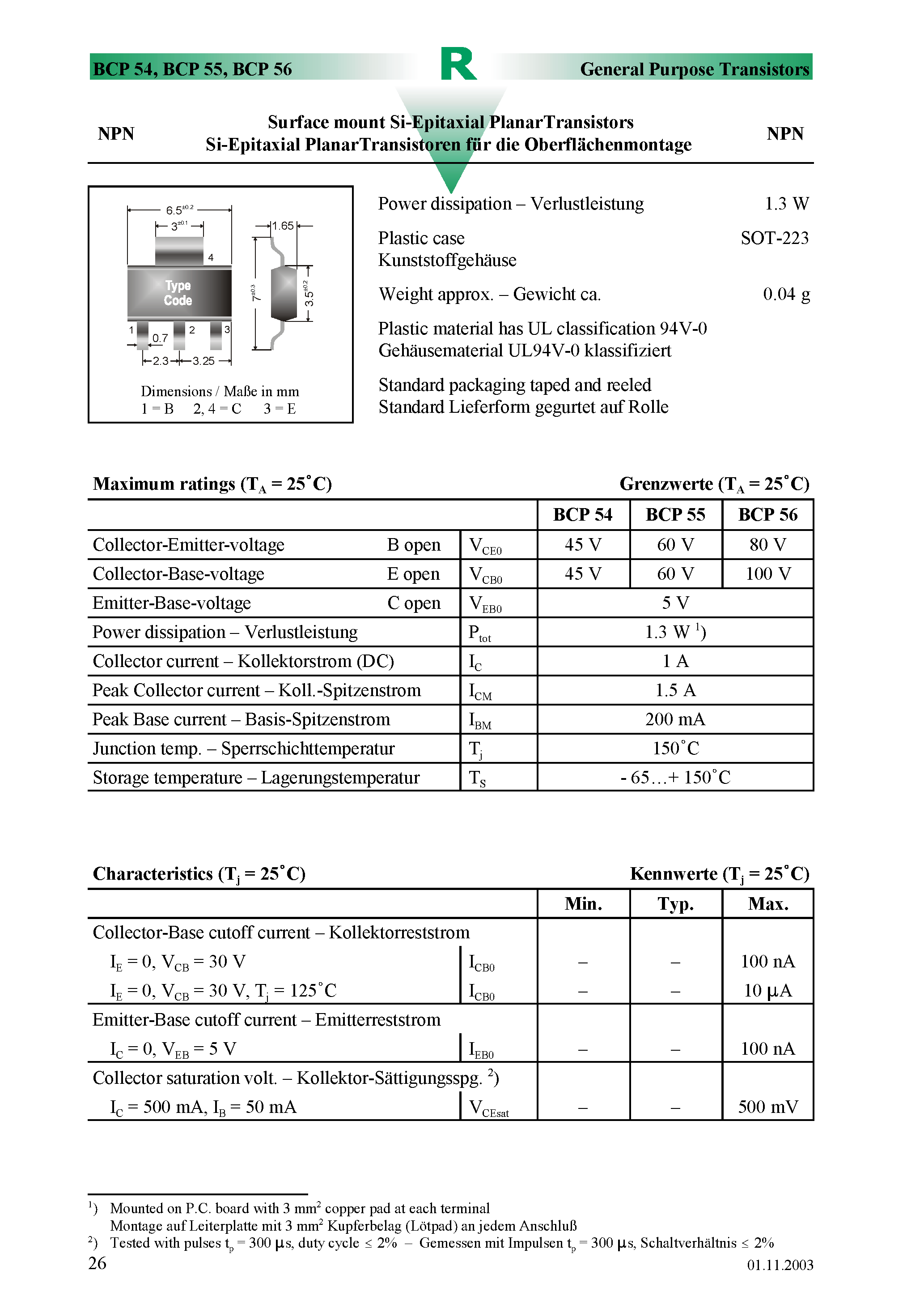 Datasheet BCP54 page 1 Datasheet BCP54 - Surface mount Si-Epitaxial PlanarTransistors page 1