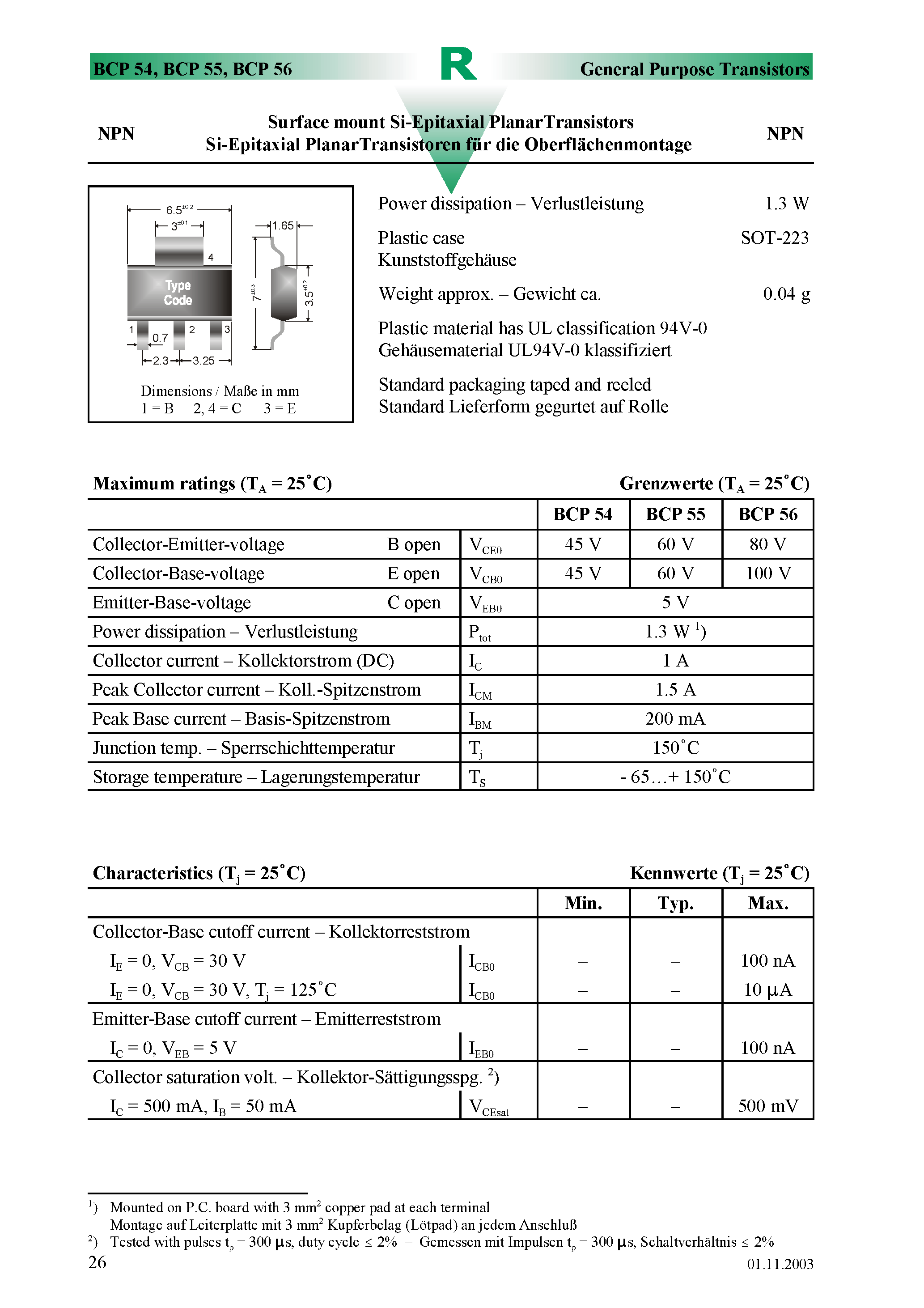 Даташит BCP54 - Surface mount Si-Epitaxial PlanarTransistors страница 1
