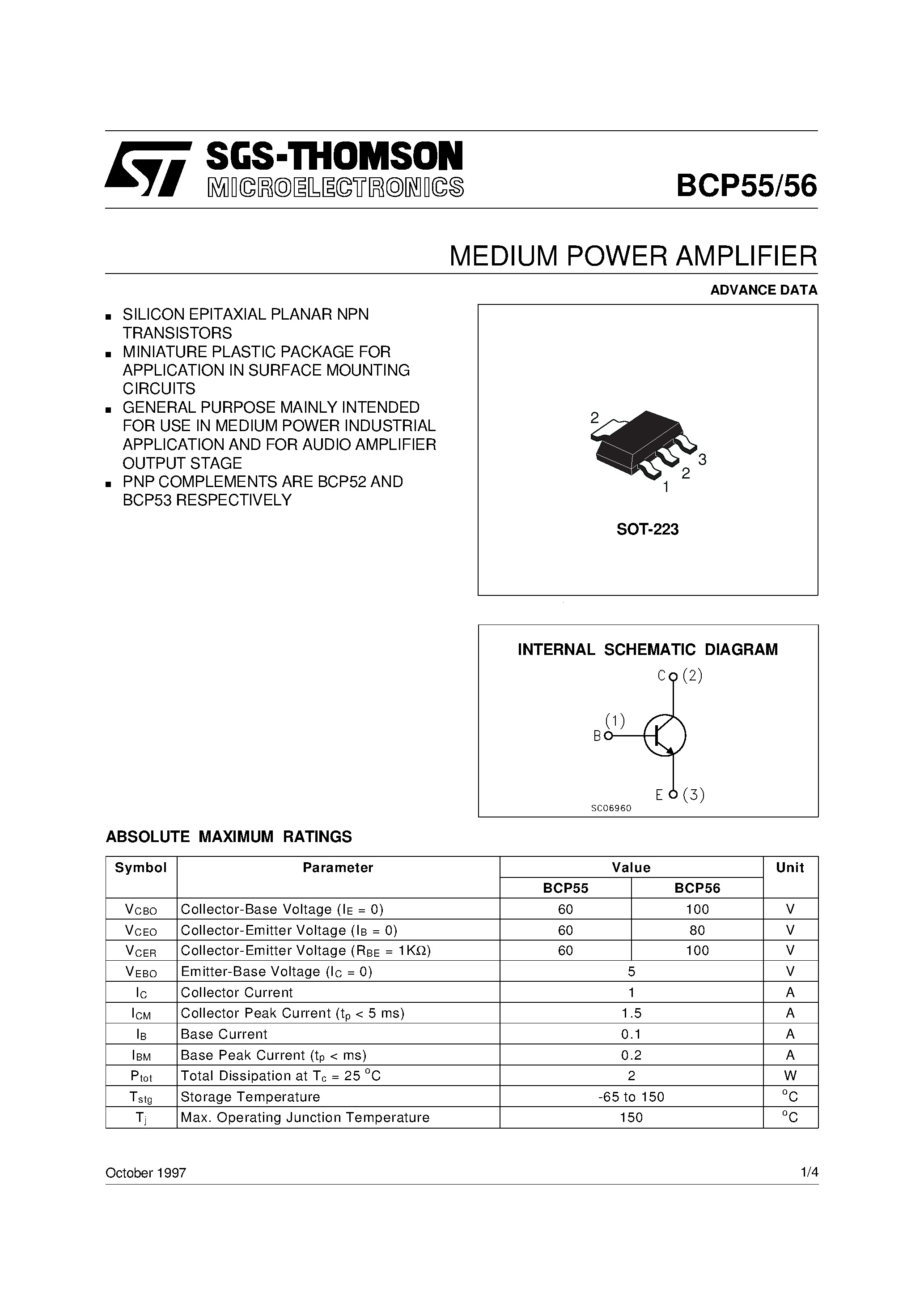 Даташит BCP55 - MEDIUM POWER AMPLIFIER страница 1