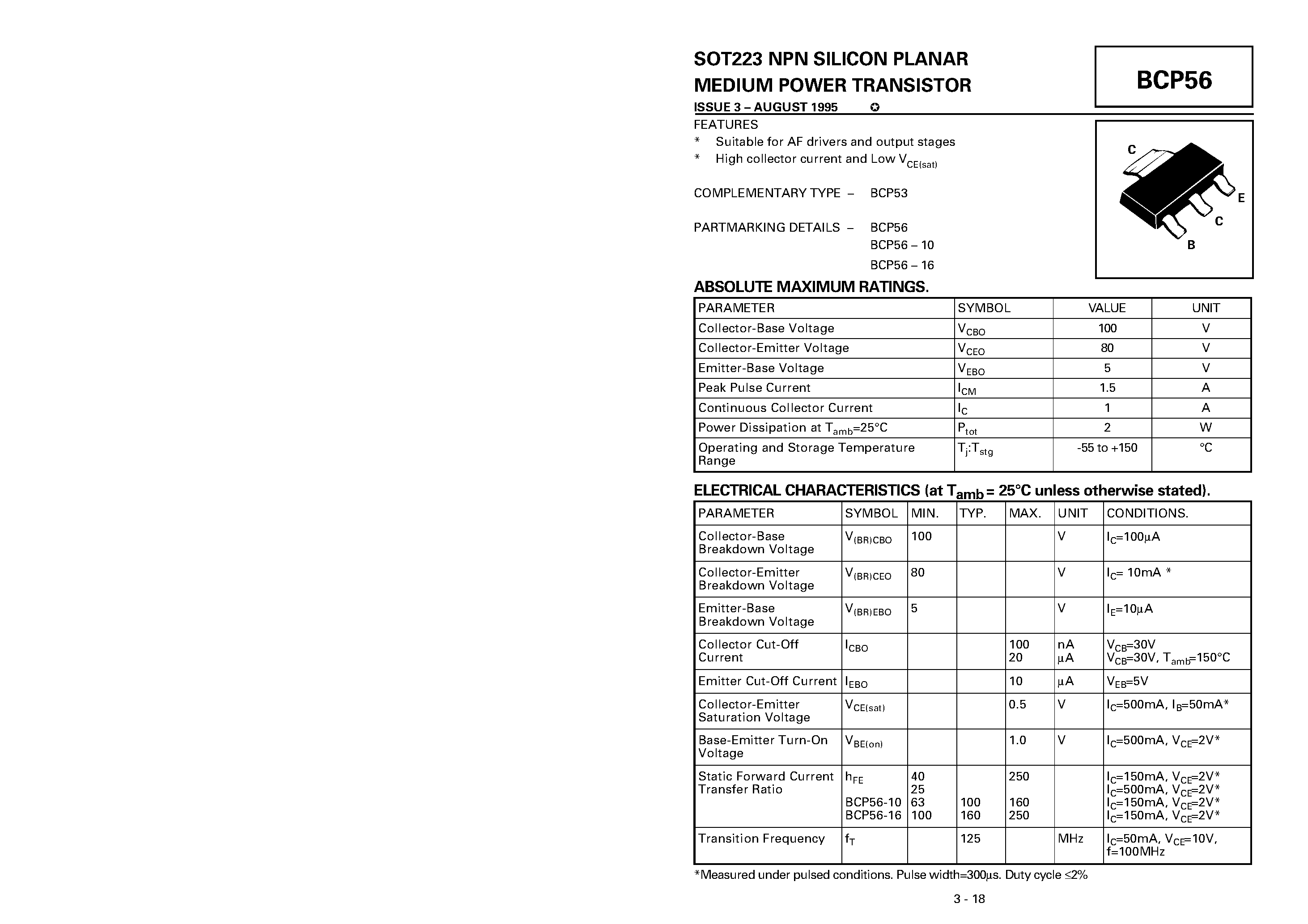 Datasheet BCP56-10 page 1 Datasheet BCP56-10 - NPN SILICON PLANAR MEDIUM POWER TRANSISTOR page 1