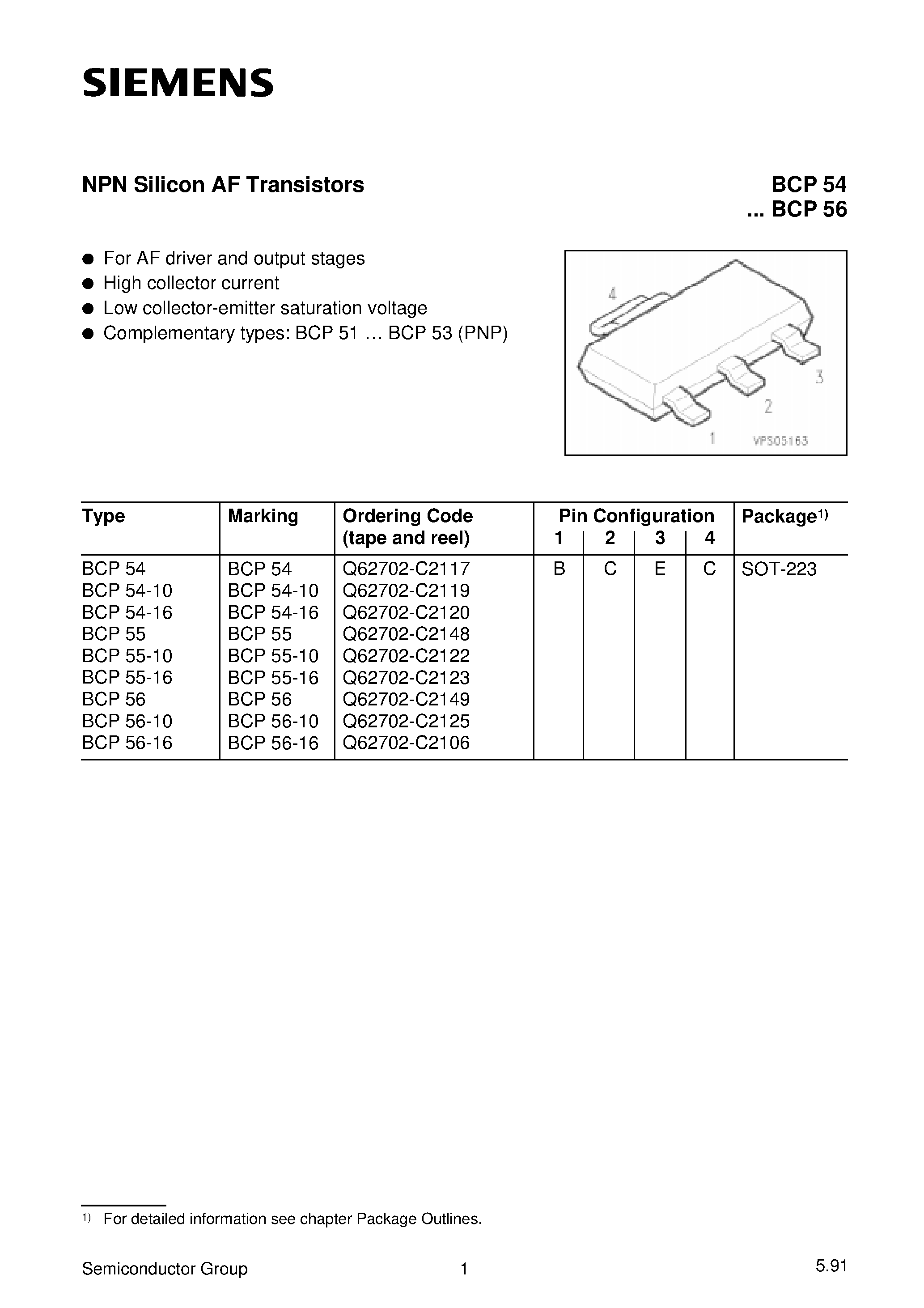 Даташит BCP56-16 - NPN Silicon AF Transistors (For AF driver and output stages High collector current) страница 1