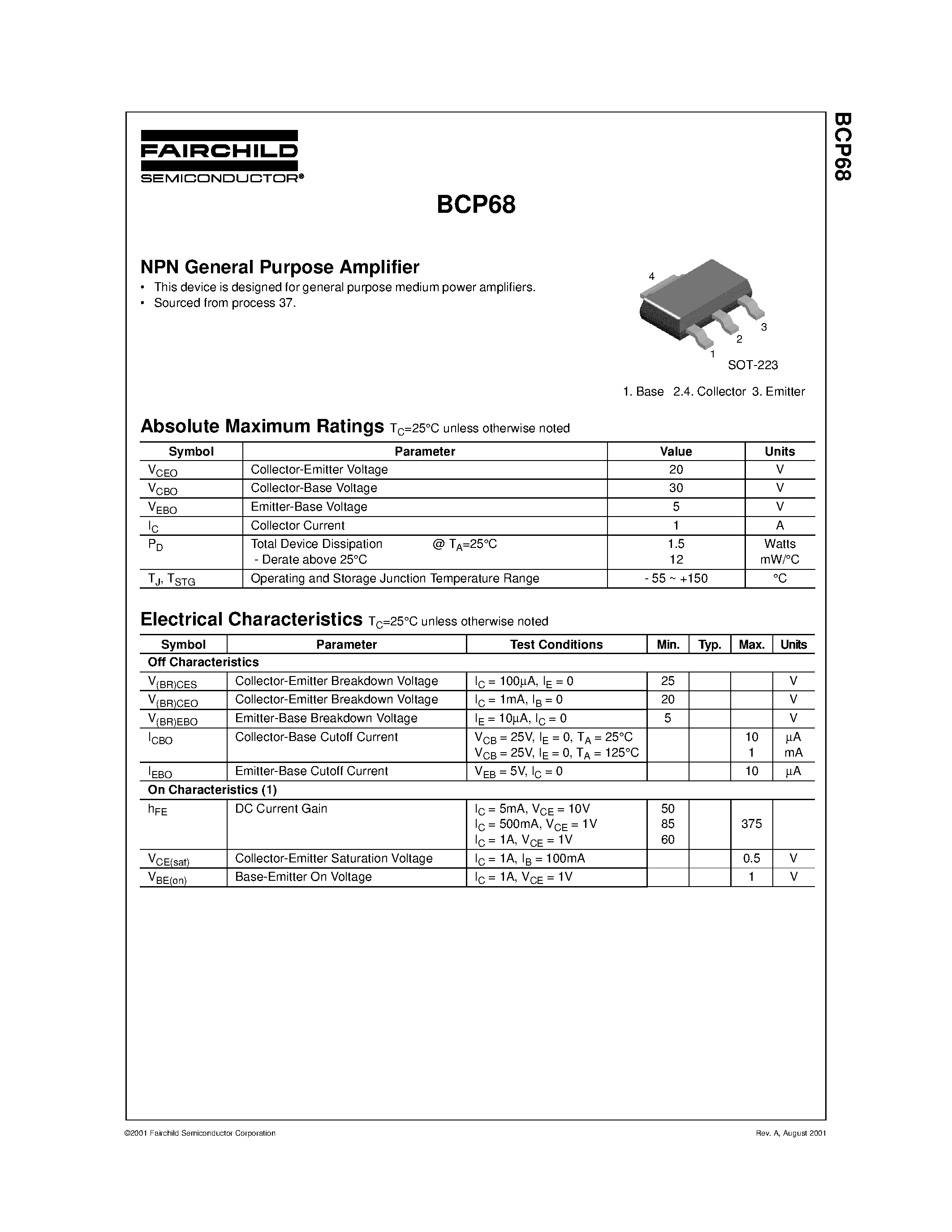 Даташит BCP68 - NPN General Purpose Amplifier страница 1