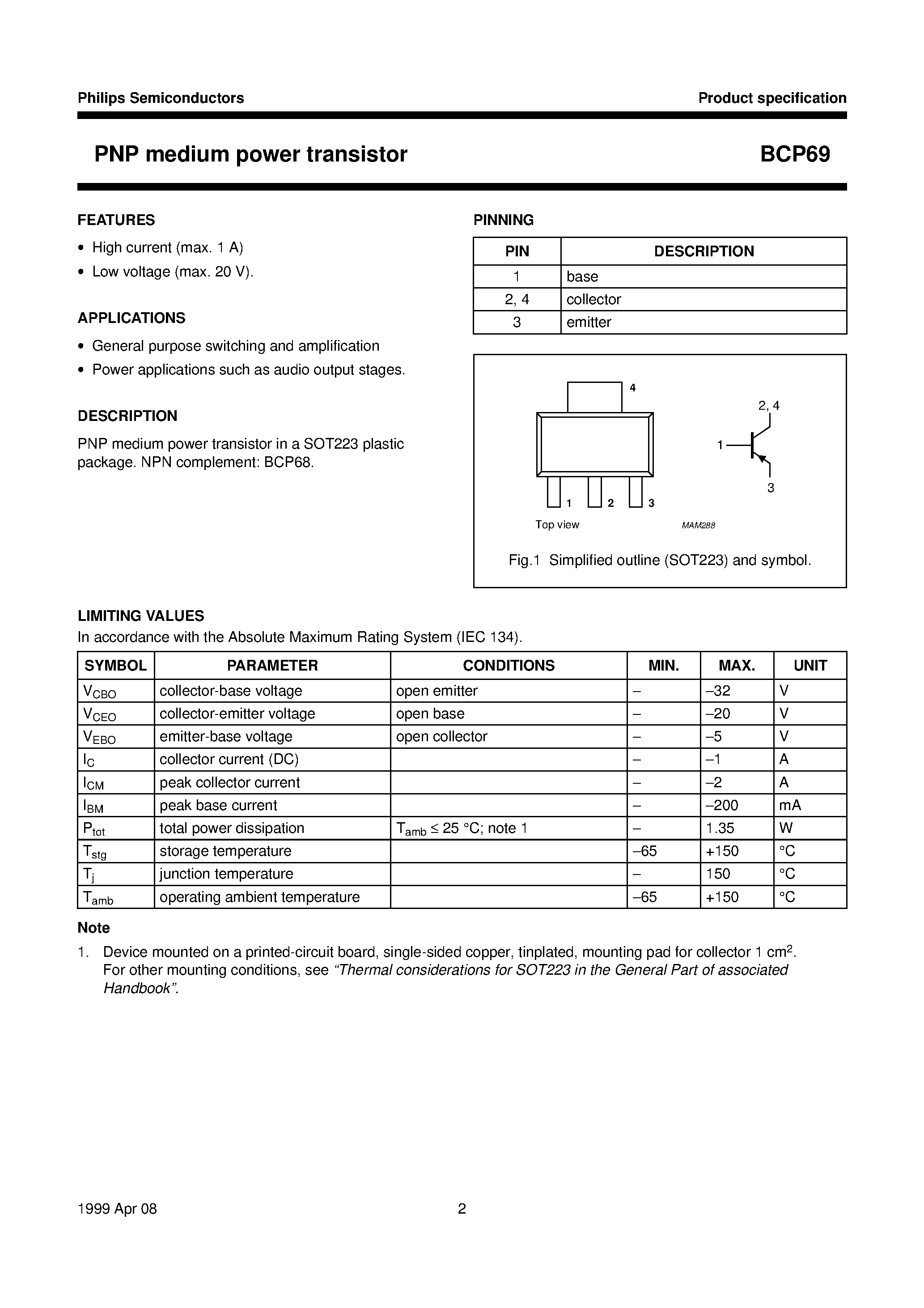 Даташит BCP69 - PNP medium power transistor страница 2