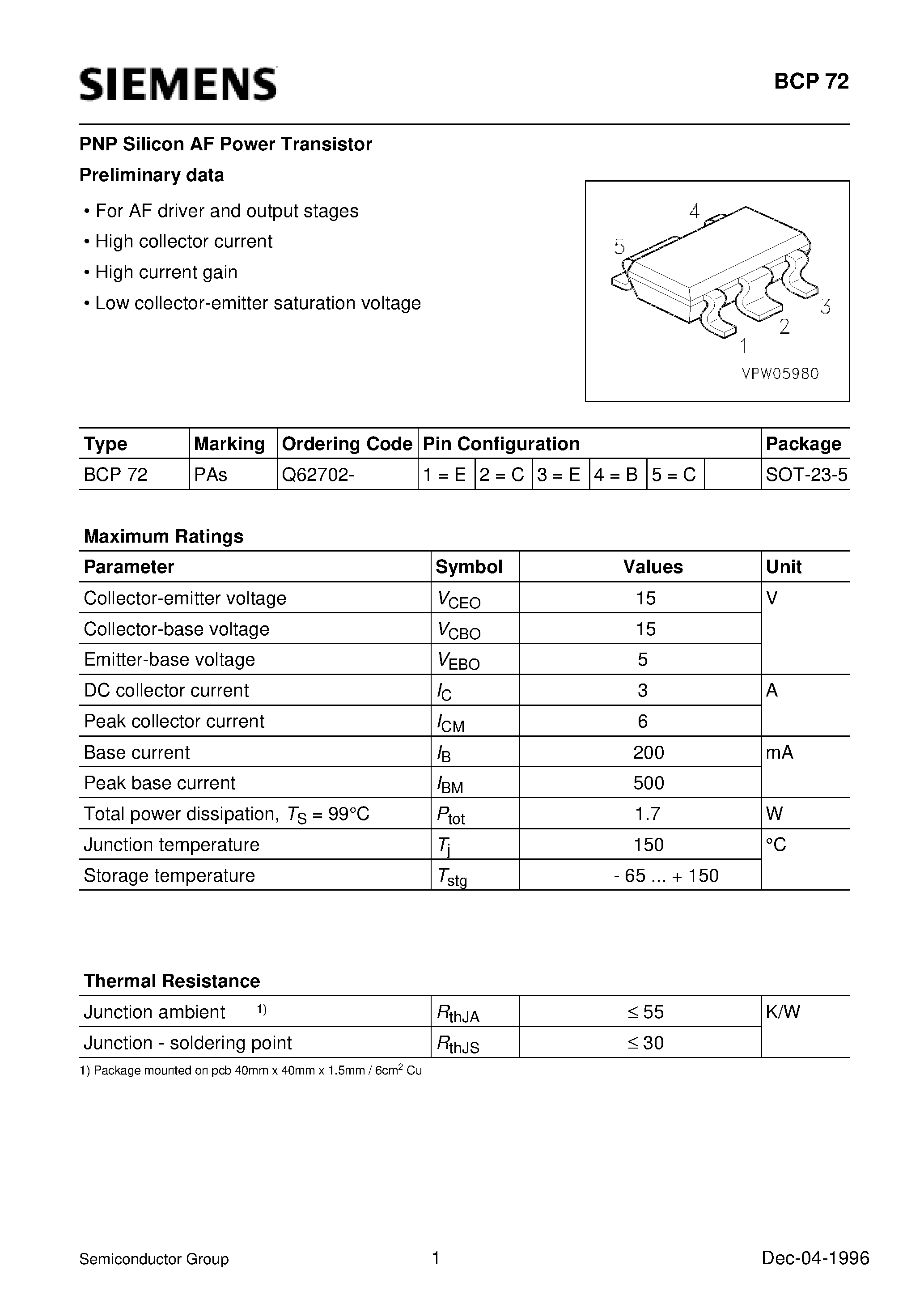 Datasheet BCP72 - PNP Silicon AF Power Transistor (For AF driver and output stages High collector current High current gain) page 1
