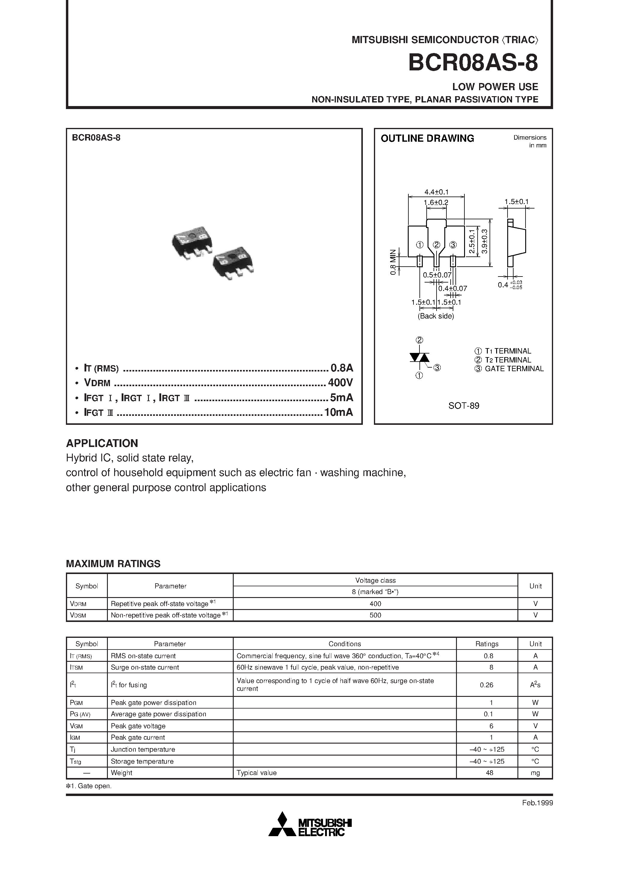 Datasheet BCR08AS-8 - LOW POWER USE NON-INSULATED TYPE/ PLANAR PASSIVATION TYPE page 1
