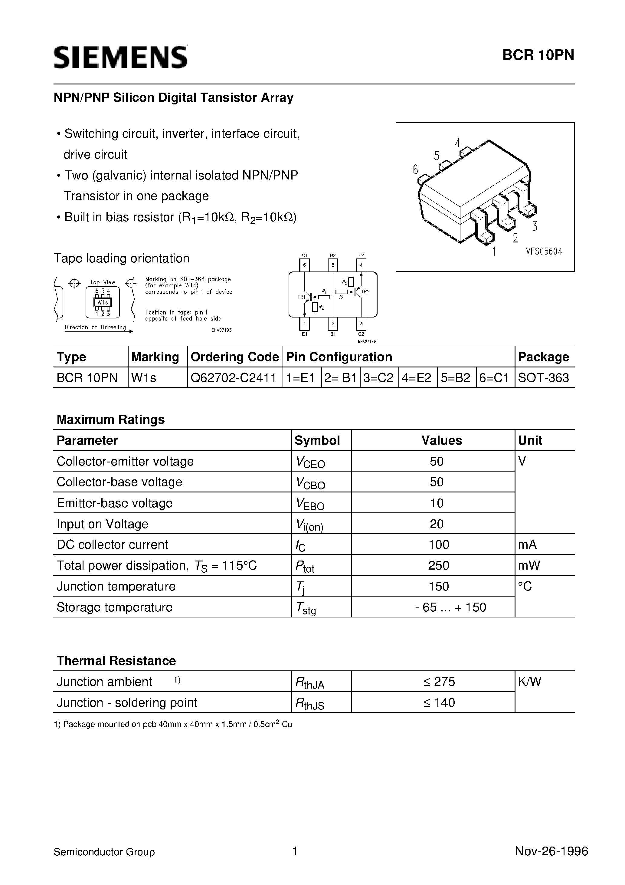 Даташит на микросхему BCR10 страница 1 Даташит BCR10 - NPN/PNP Silicon Digital Tansistor Array (Switching circuit/ inverter/ interface circuit/ drive circuit) страница 1