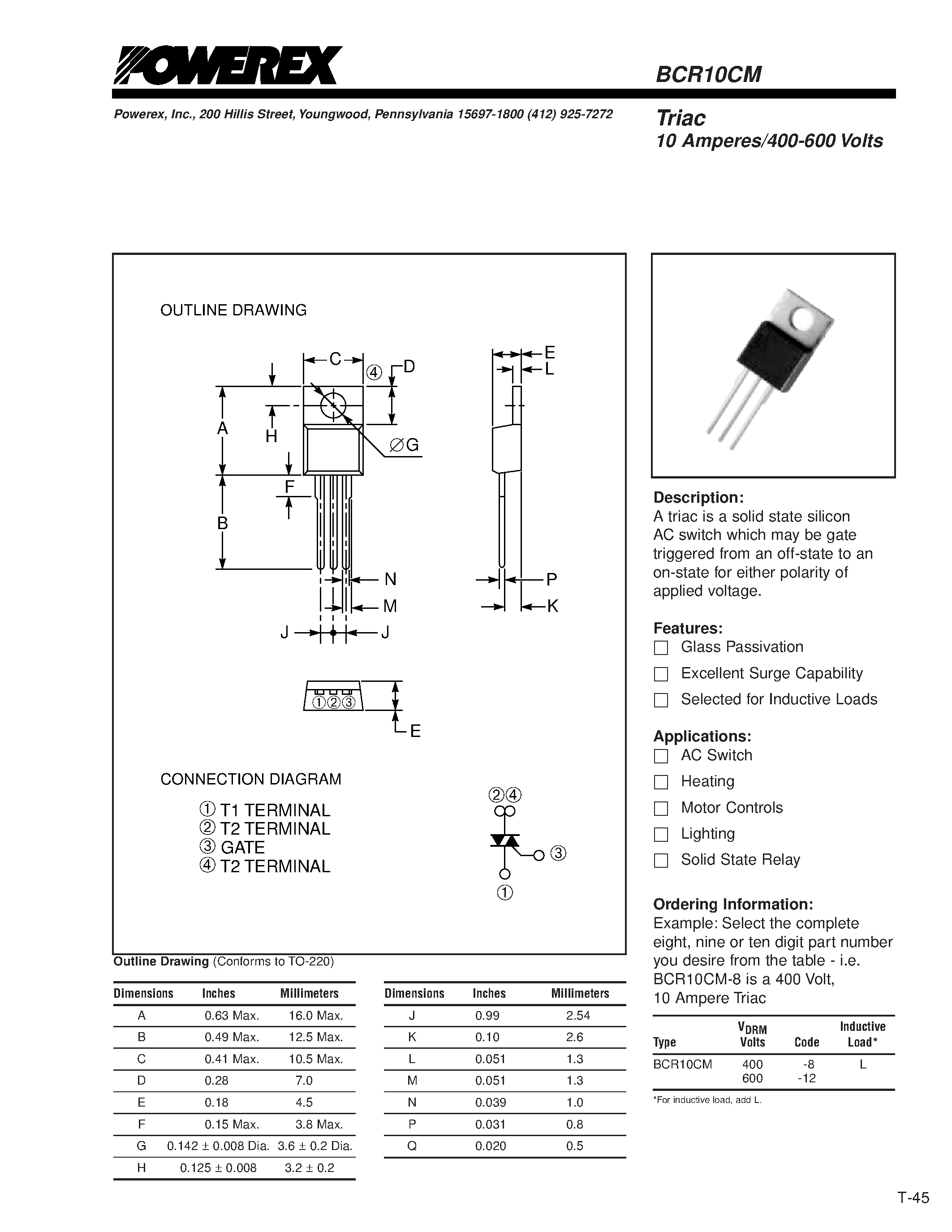 Даташит BCR10CM - Triac 10 Amperes/400-600 Volts страница 1