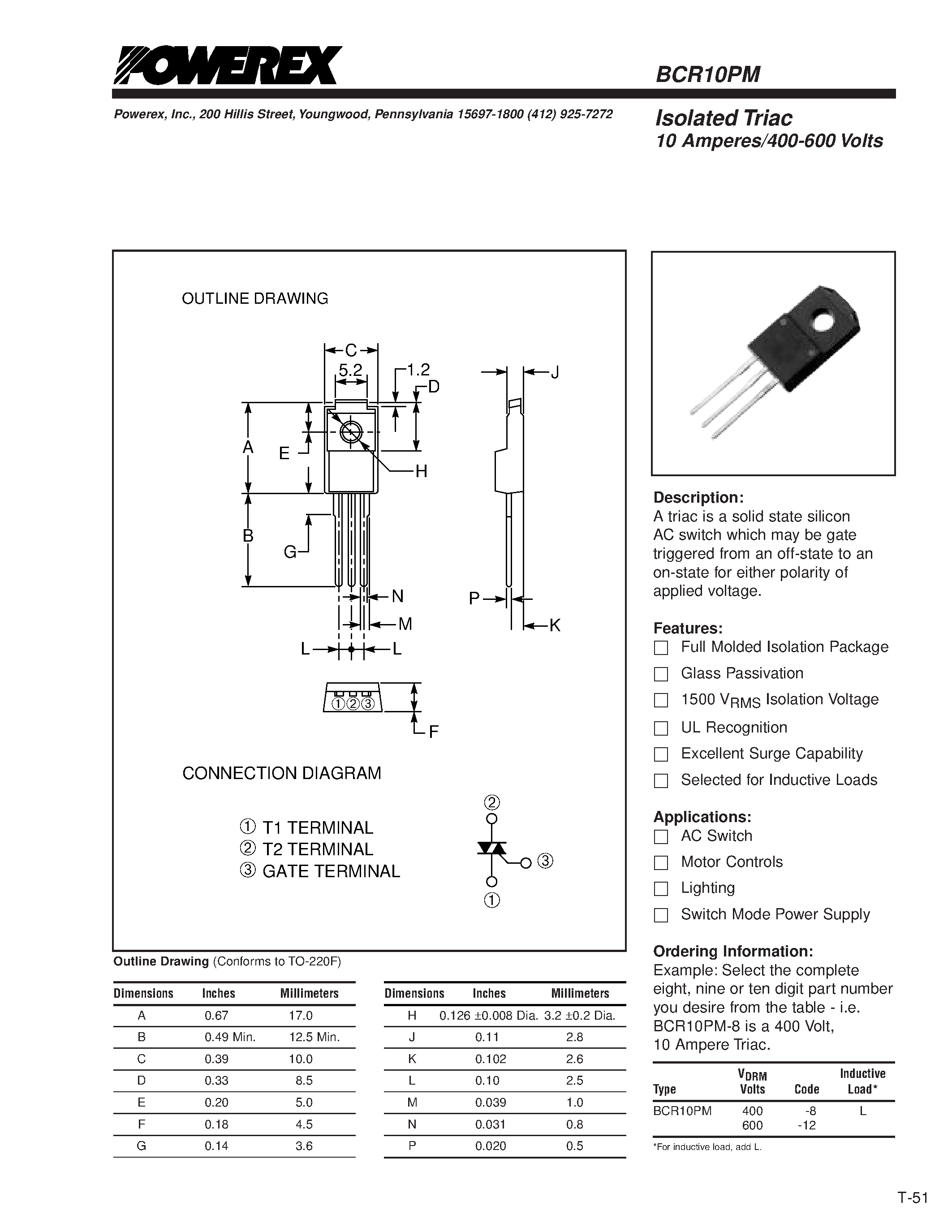 Datasheet BCR10PM-8L page 1 Datasheet BCR10PM-8L - Isolated Triac 10 Amperes/400-600 Volts page 1