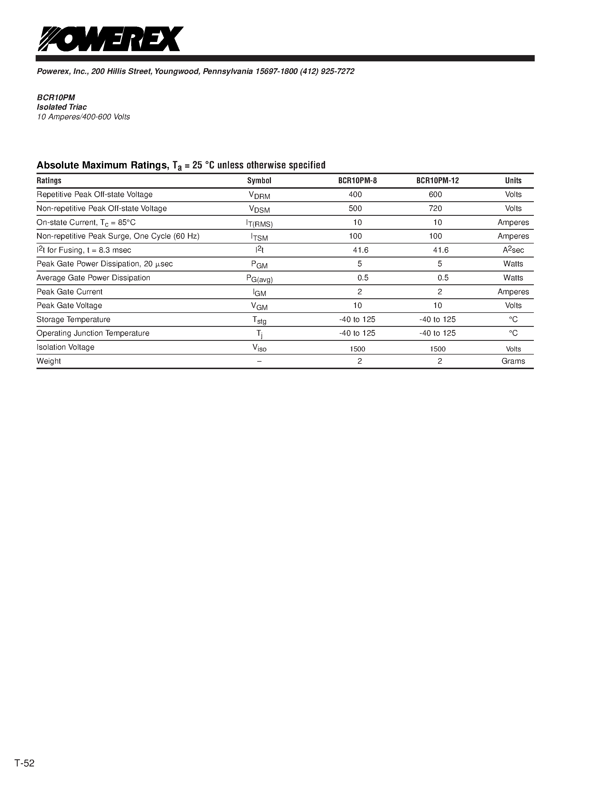 Datasheet BCR10PM-8L page 2 Datasheet BCR10PM-8L - Isolated Triac 10 Amperes/400-600 Volts page 2