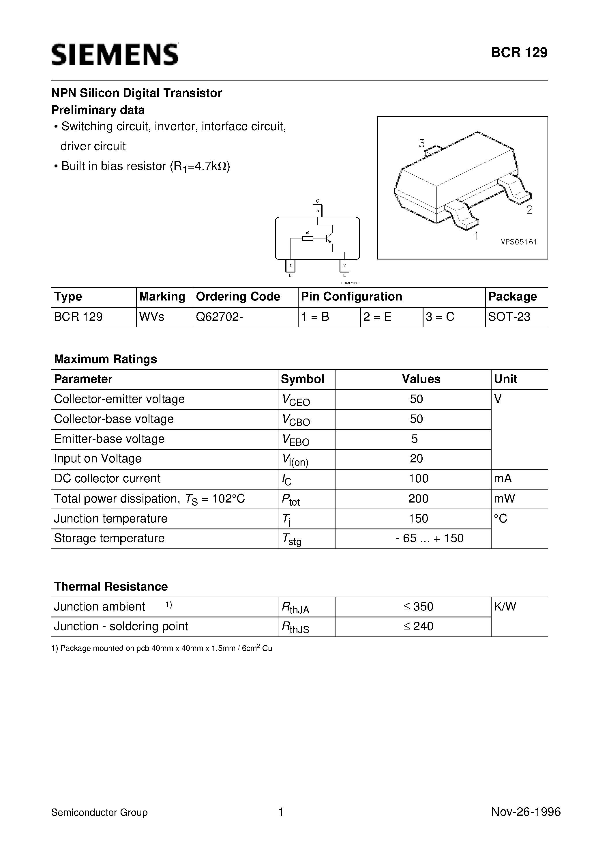 Даташит на микросхему BCR129 страница 1 Даташит BCR129 - NPN Silicon Digital Transistor (Switching circuit/ inverter/ interface circuit/ driver circuit) страница 1