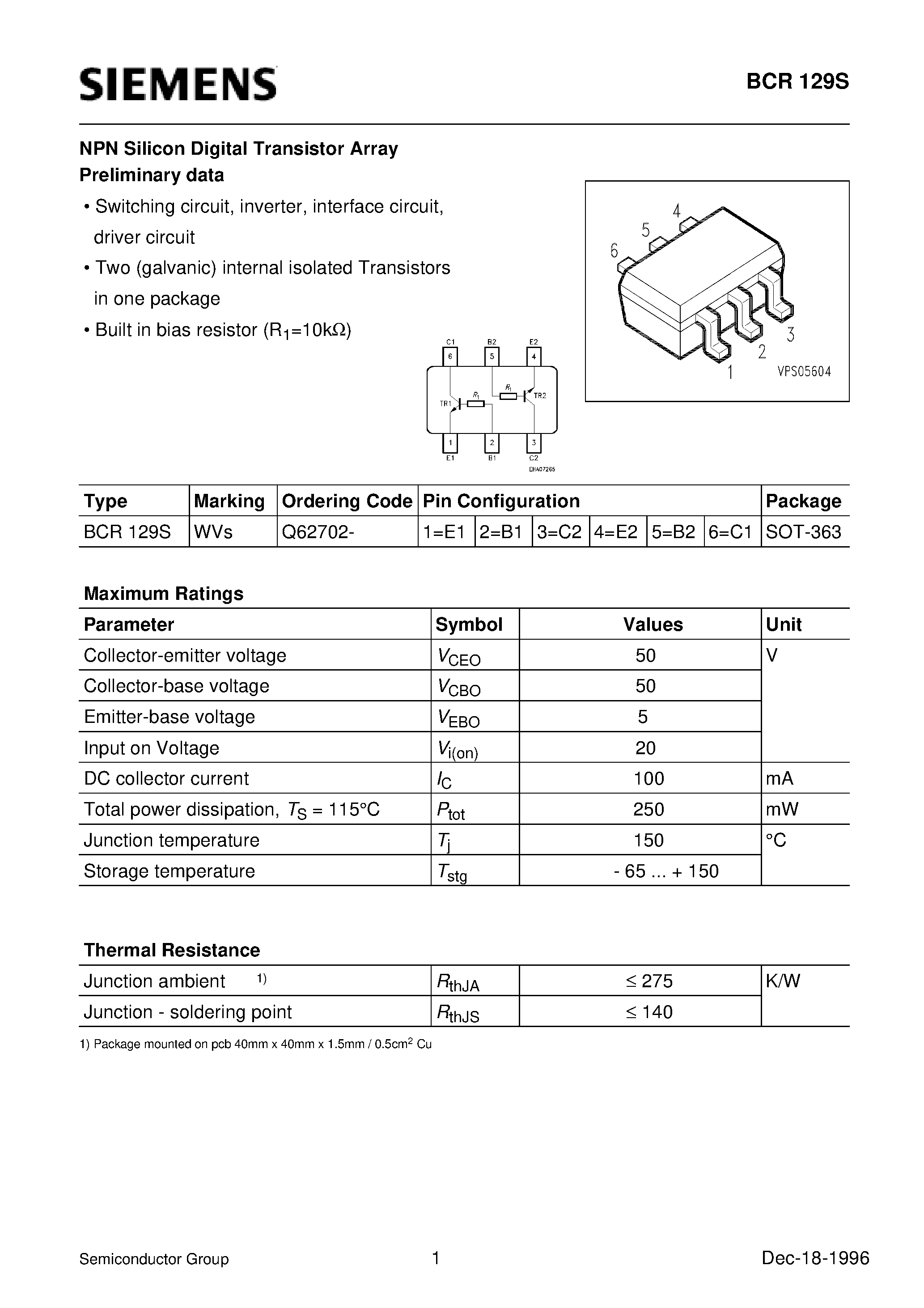 Даташит на микросхему BCR129S страница 1 Даташит BCR129S - NPN Silicon Digital Transistor Array (Switching circuit/ inverter/ interface circuit/ driver circuit) страница 1