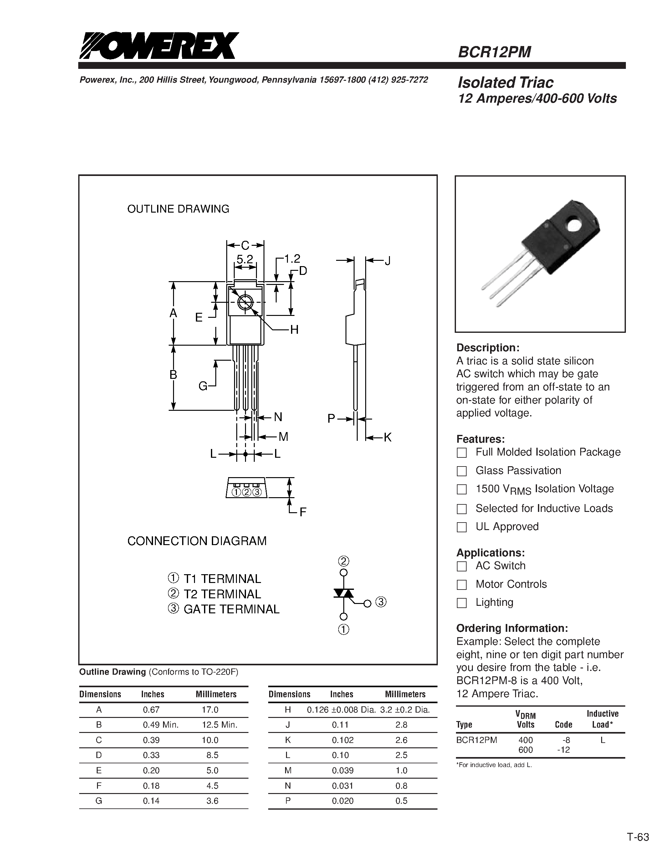 Datasheet BCR12PM-12 - Isolated Triac 12 Amperes/400-600 Volts page 1