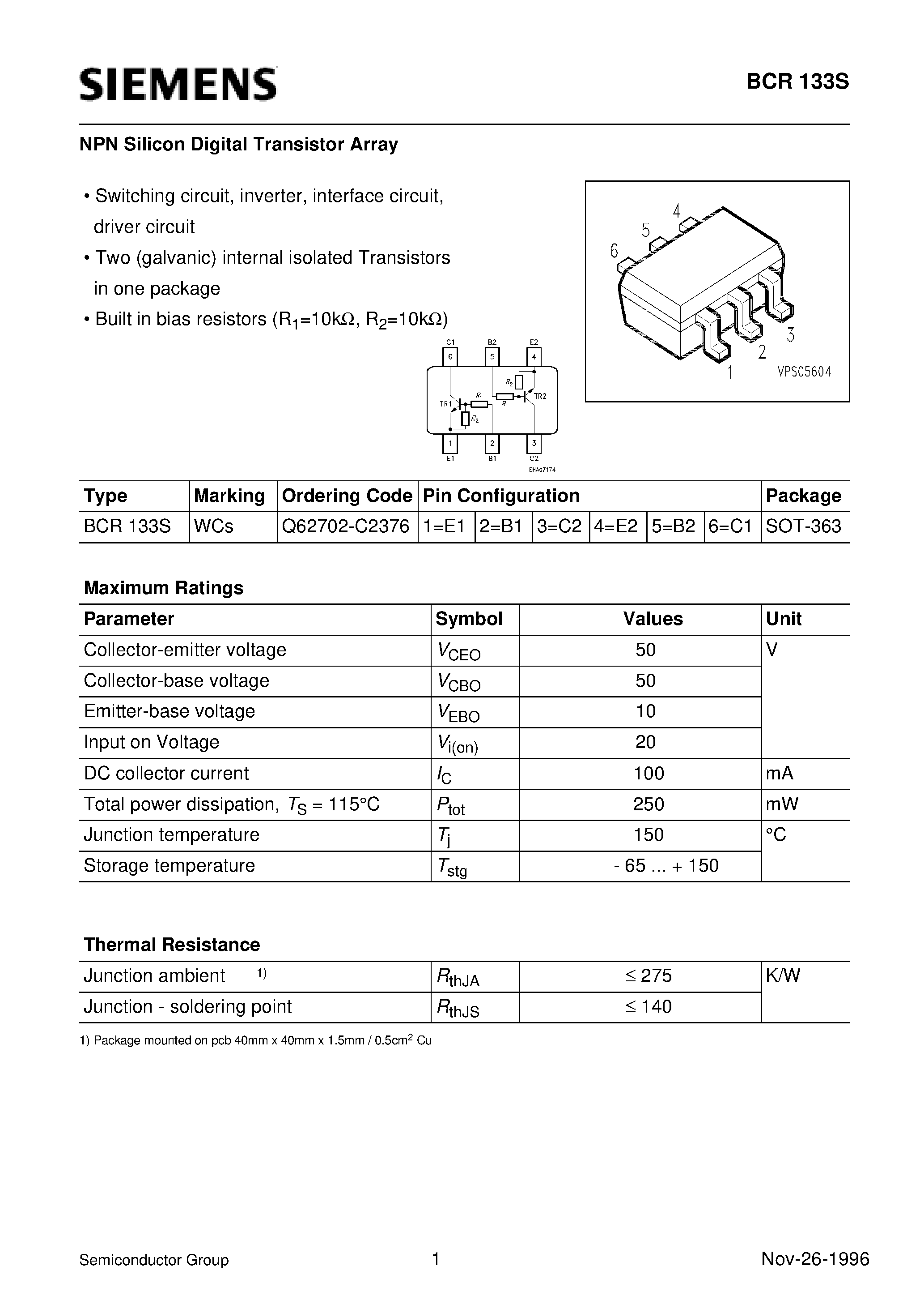 Даташит на микросхему BCR133S страница 1 Даташит BCR133S - NPN Silicon Digital Transistor Array (Switching circuit/ inverter/ interface circuit/ driver circuit) страница 1