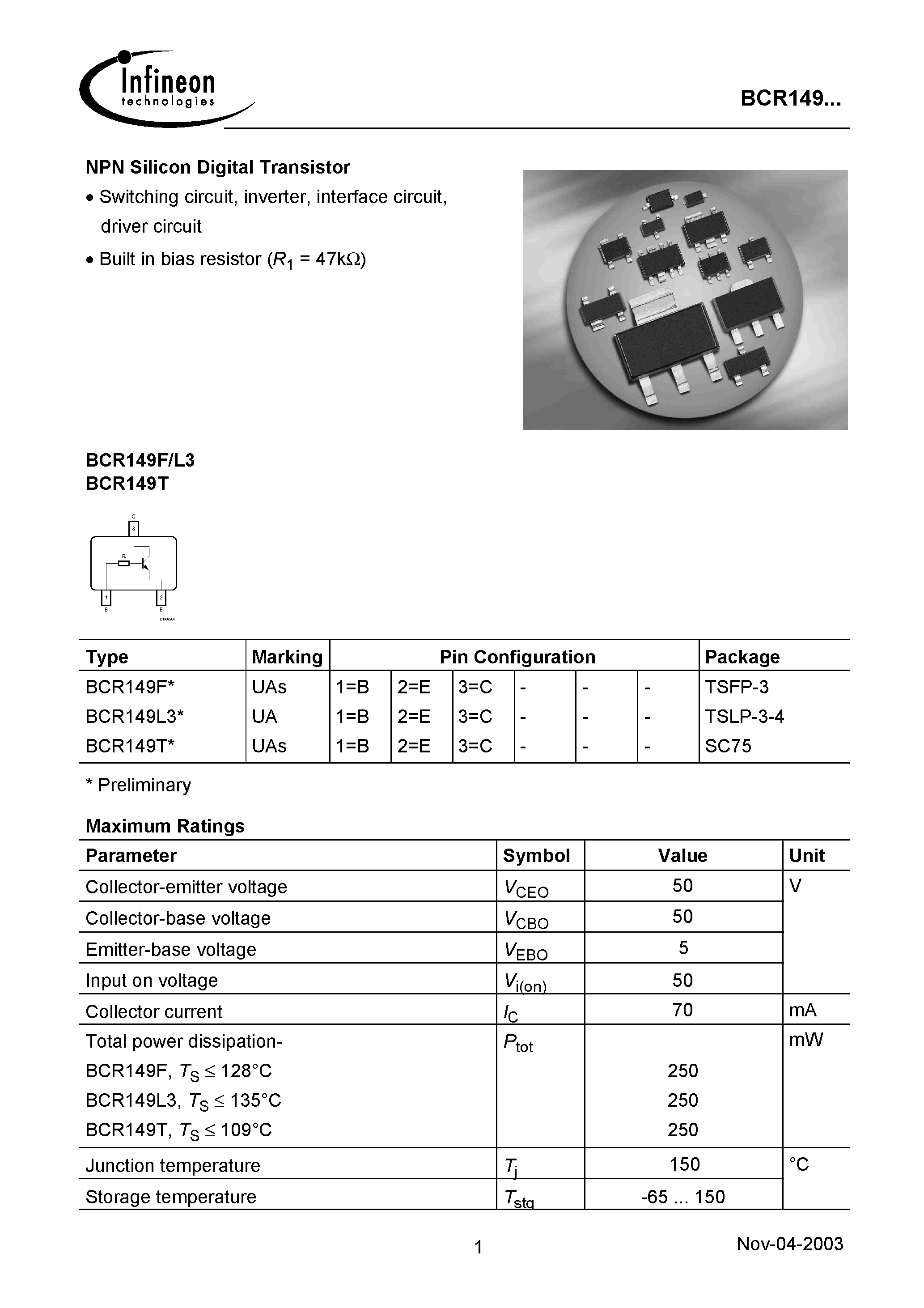 Даташит на микросхему BCR149F страница 1 Даташит BCR149F - NPN Silicon Digital Transistor страница 1